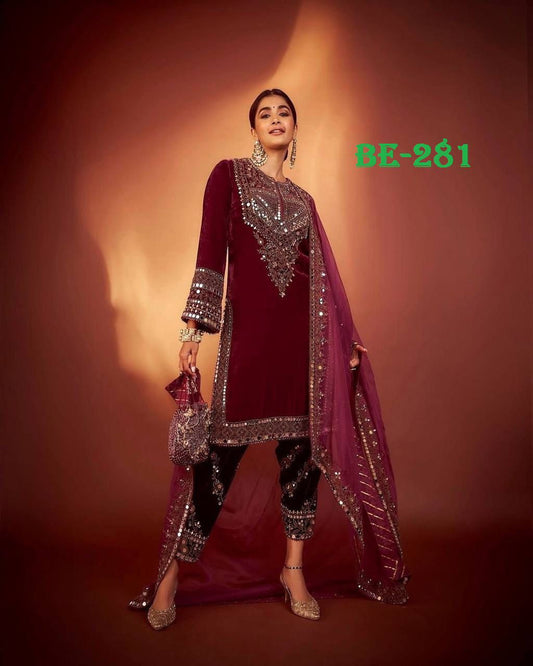 Be-281 Stast Mirror Work Readymade Velvet Suits
