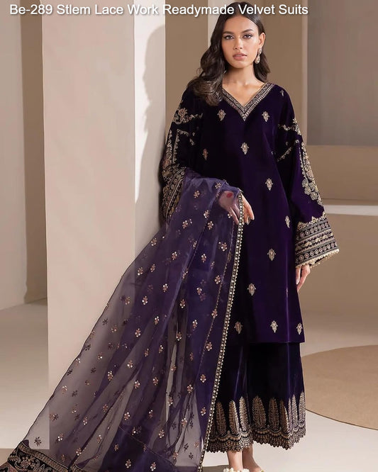 Be-289 Stlem Lace Work Readymade Velvet Suits