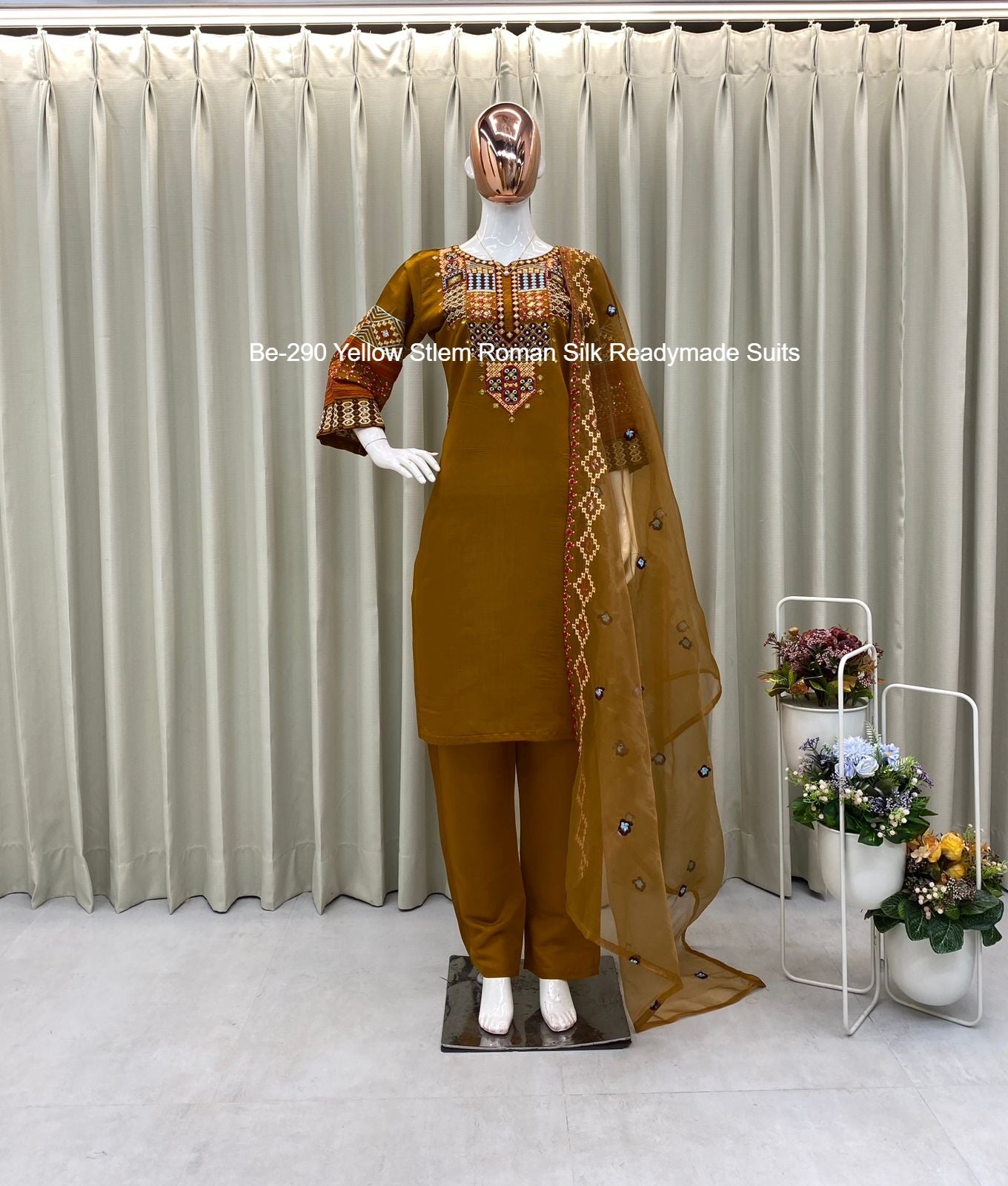 Be-290 Yellow Stlem Roman Silk Readymade Suits