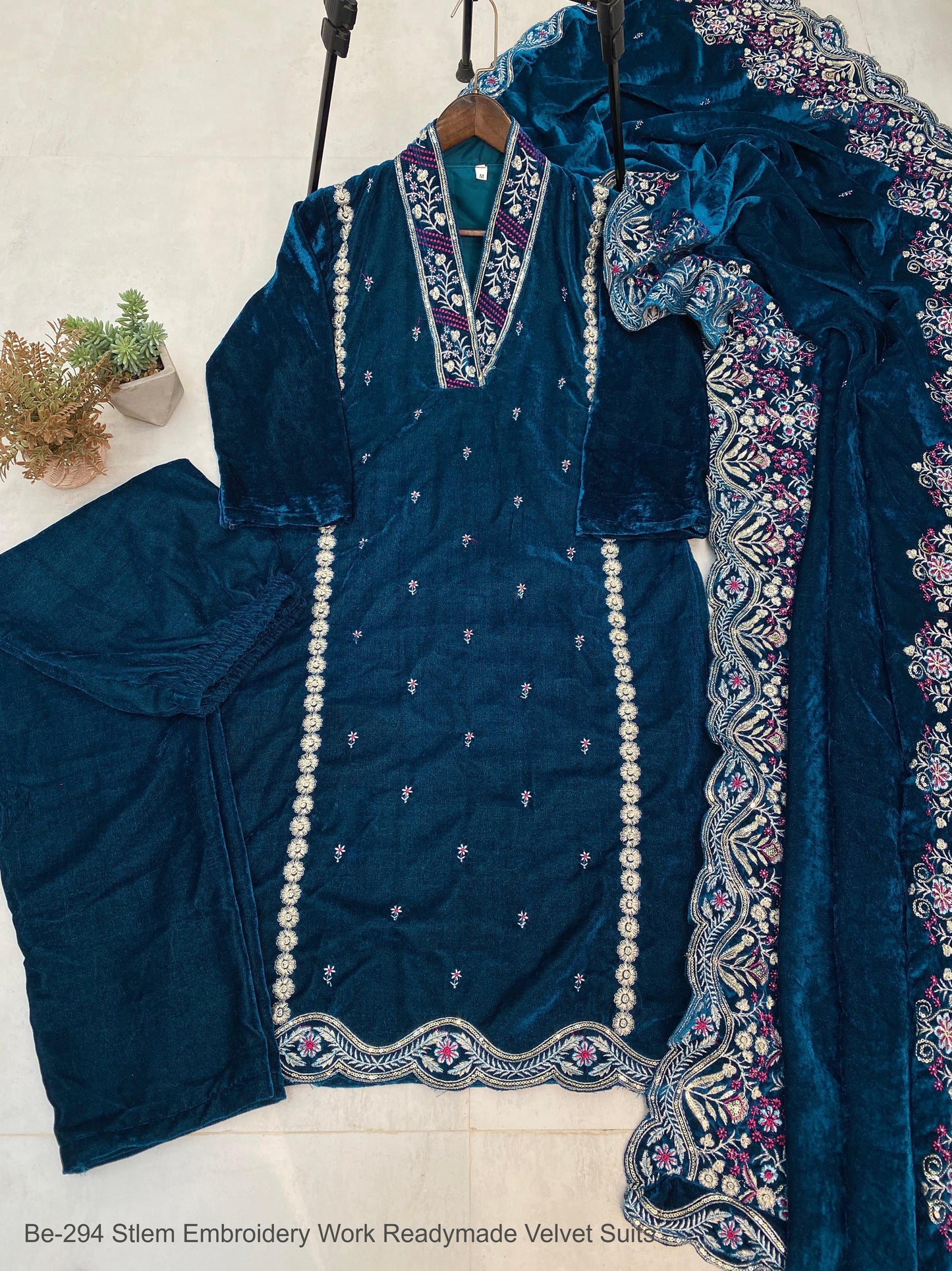 Be-294 Stlem Embroidery Work Readymade Velvet Suits