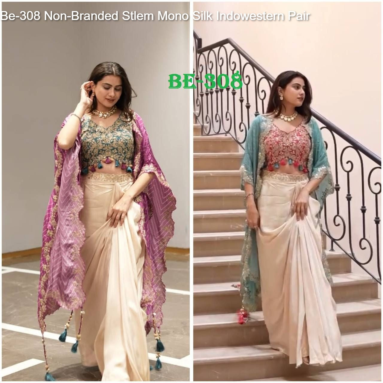 Be-308 Non-Branded Stlem Mono Silk Indowestern Pair