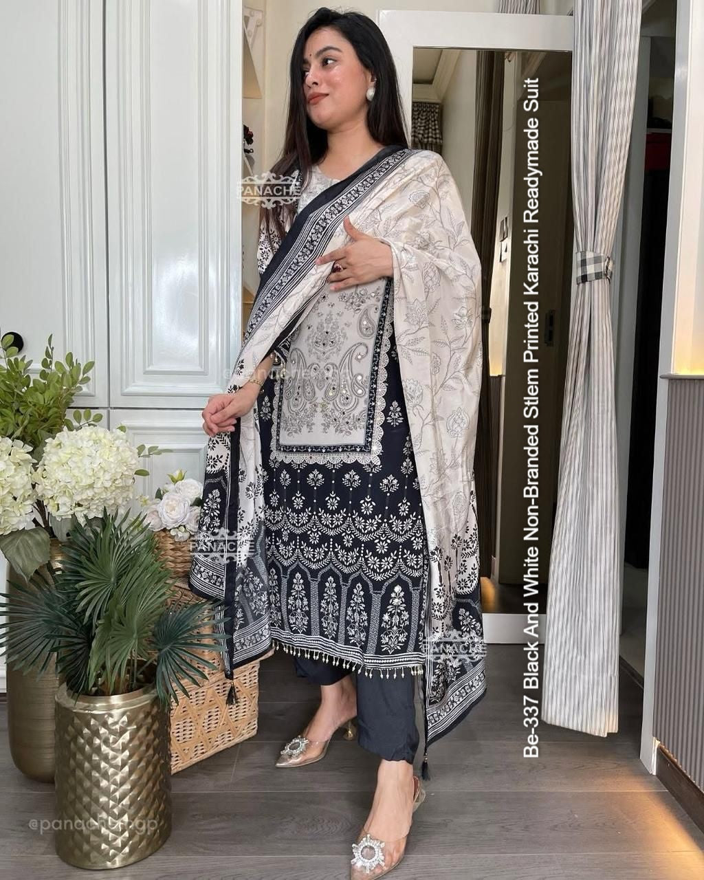 Be-337 Black And White Non-Branded Stlem Printed Karachi Readymade Suit