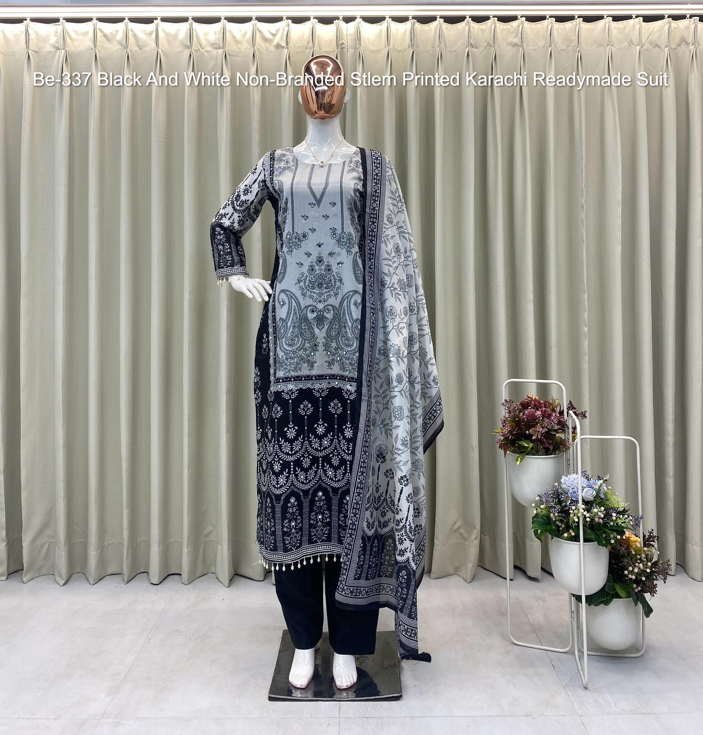 Be-337 Black And White Non-Branded Stlem Printed Karachi Readymade Suit