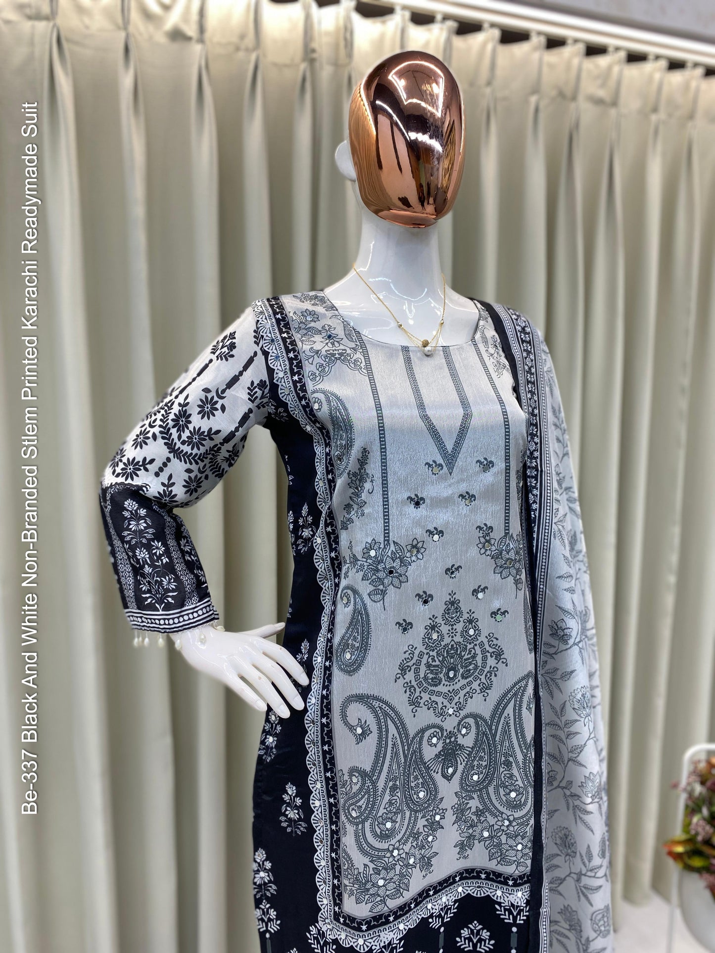 Be-337 Black And White Non-Branded Stlem Printed Karachi Readymade Suit