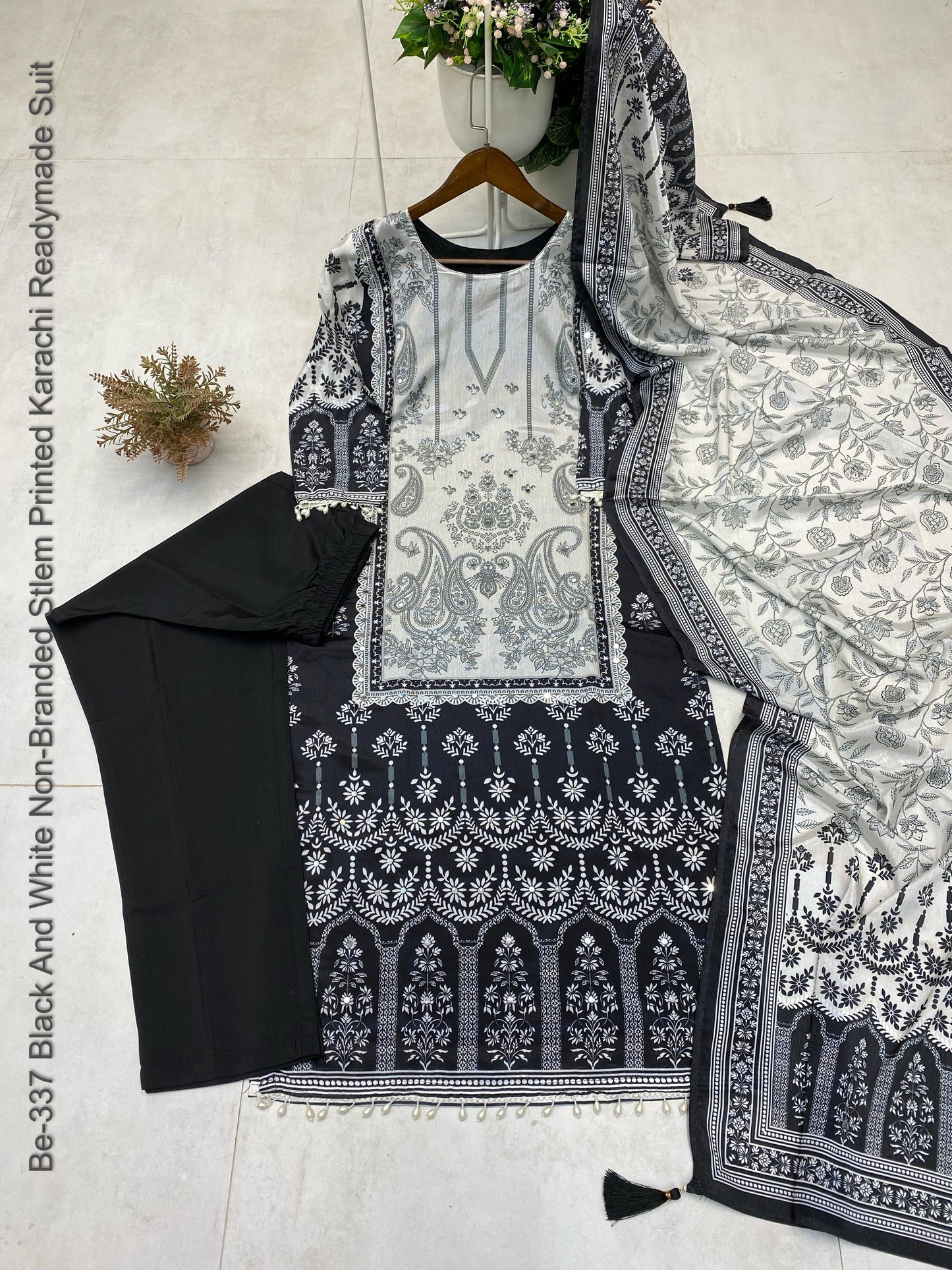 Be-337 Black And White Non-Branded Stlem Printed Karachi Readymade Suit