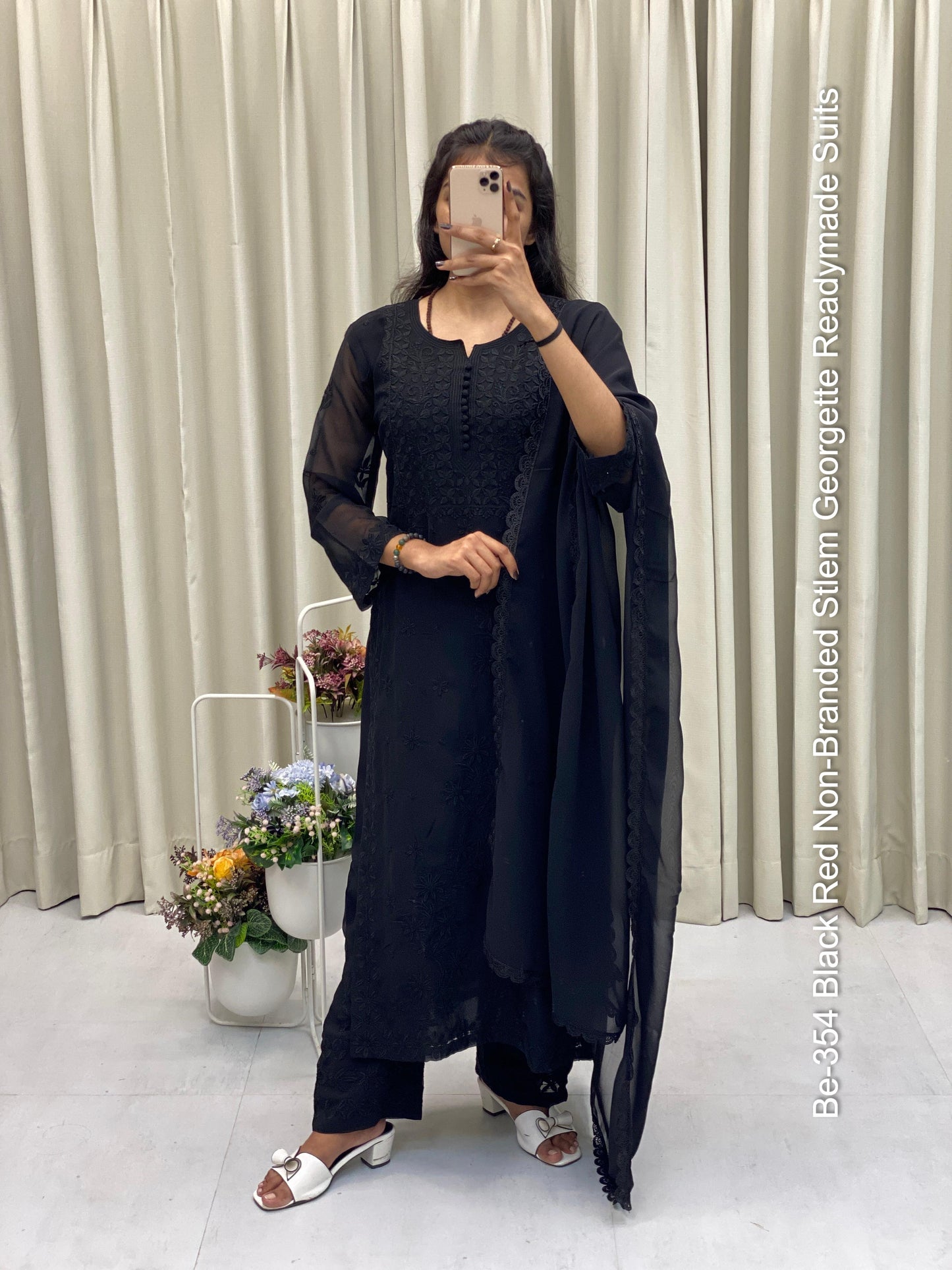 Be-354 Black Red Non-Branded Stlem Georgette Readymade Suits
