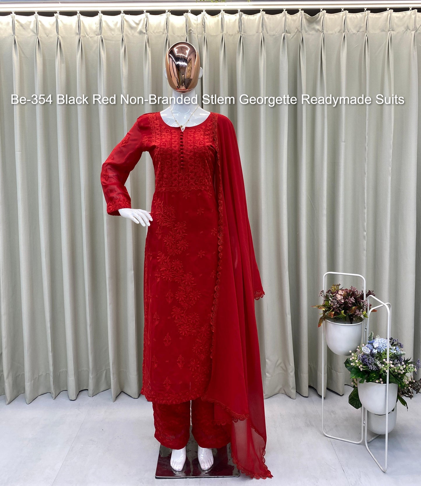 Be-354 Black Red Non-Branded Stlem Georgette Readymade Suits