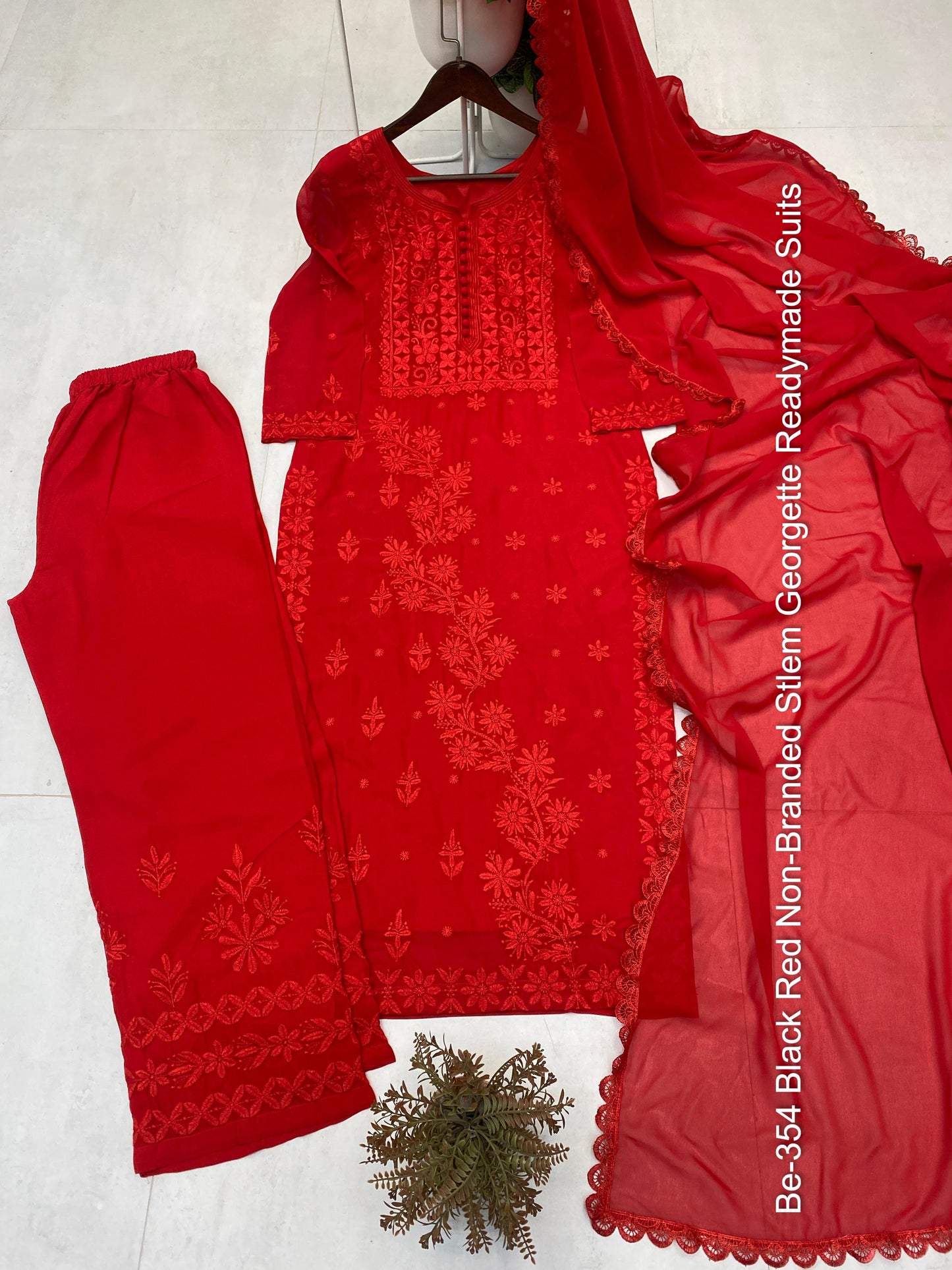 Be-354 Black Red Non-Branded Stlem Georgette Readymade Suits