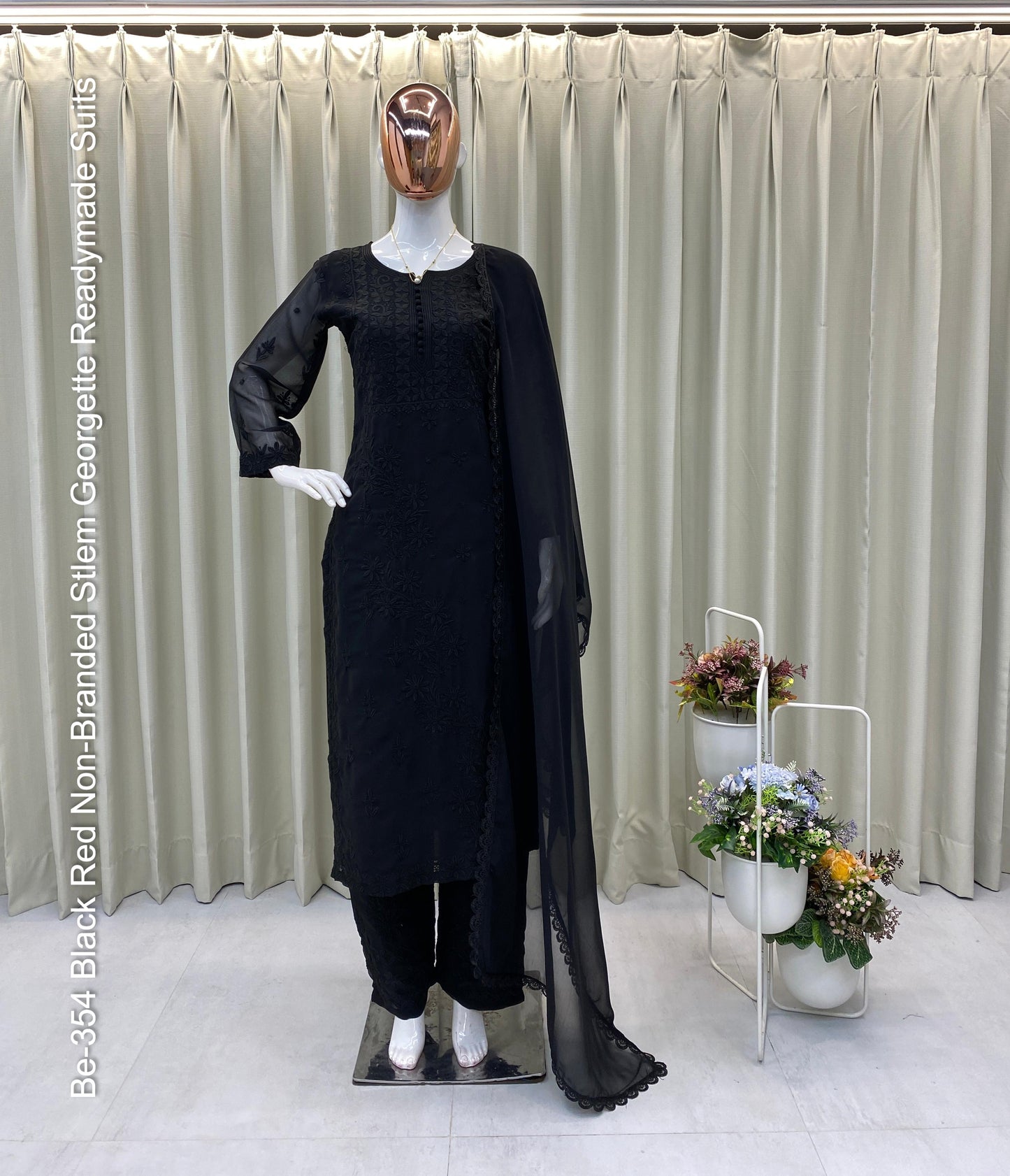 Be-354 Black Red Non-Branded Stlem Georgette Readymade Suits