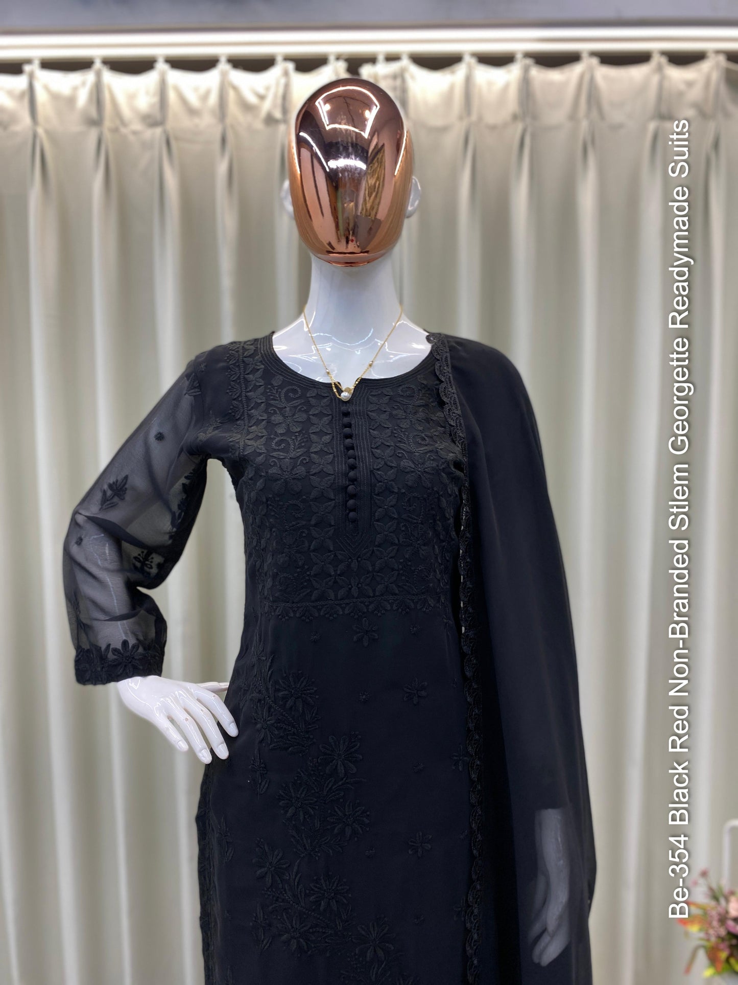 Be-354 Black Red Non-Branded Stlem Georgette Readymade Suits