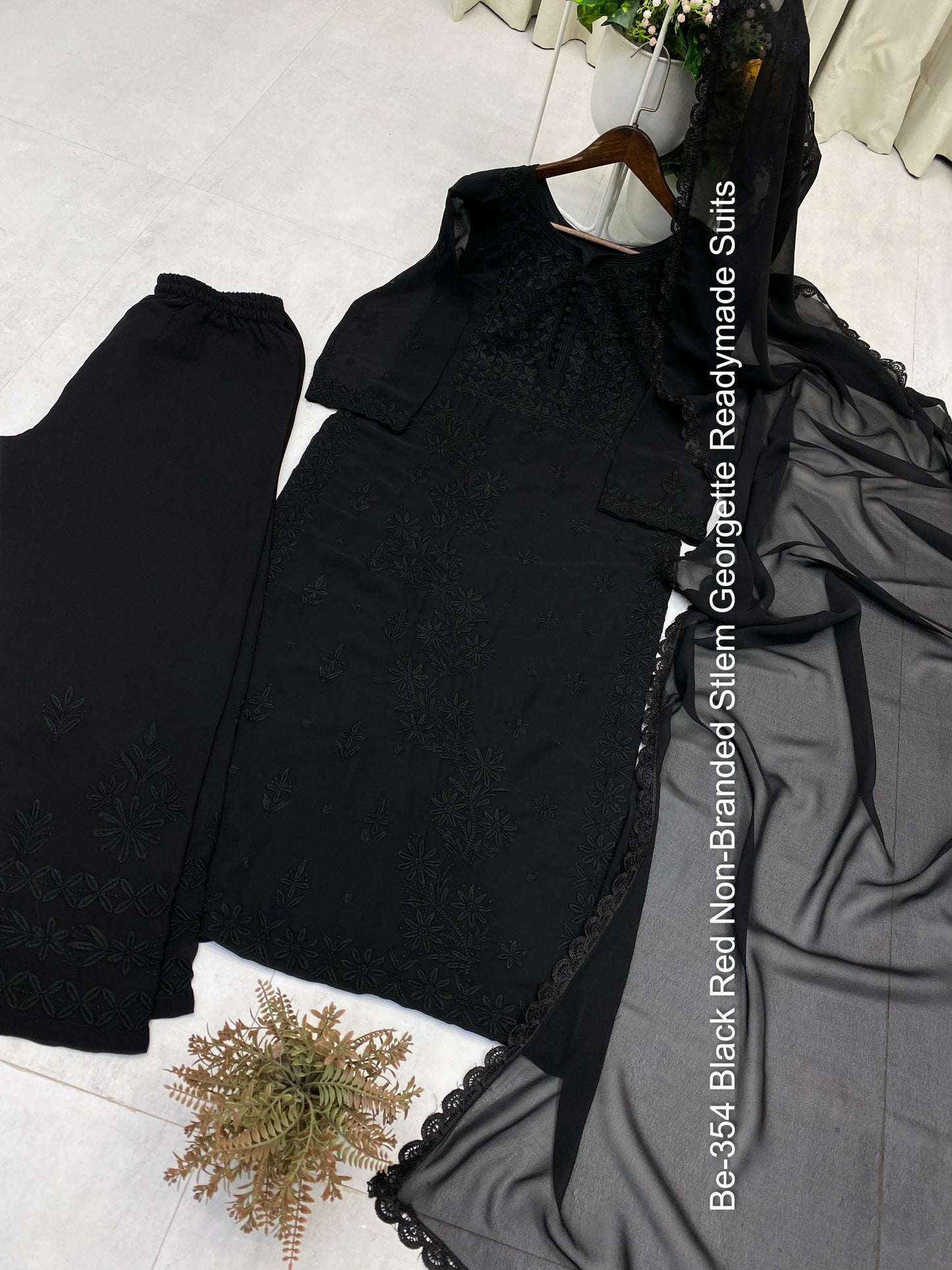 Be-354 Black Red Non-Branded Stlem Georgette Readymade Suits