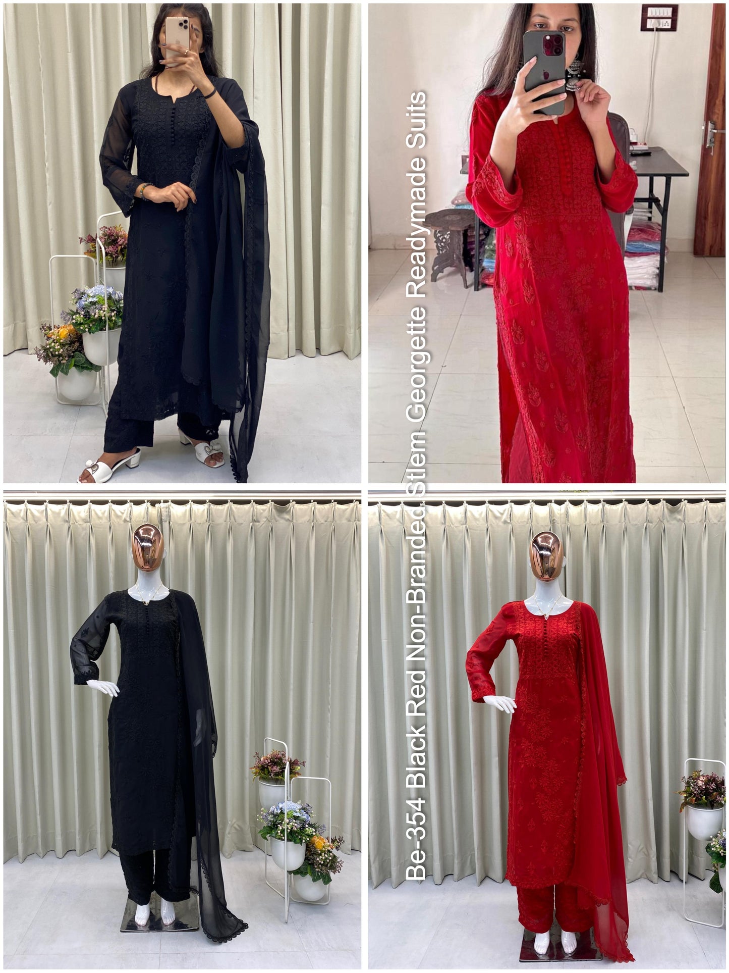 Be-354 Black Red Non-Branded Stlem Georgette Readymade Suits