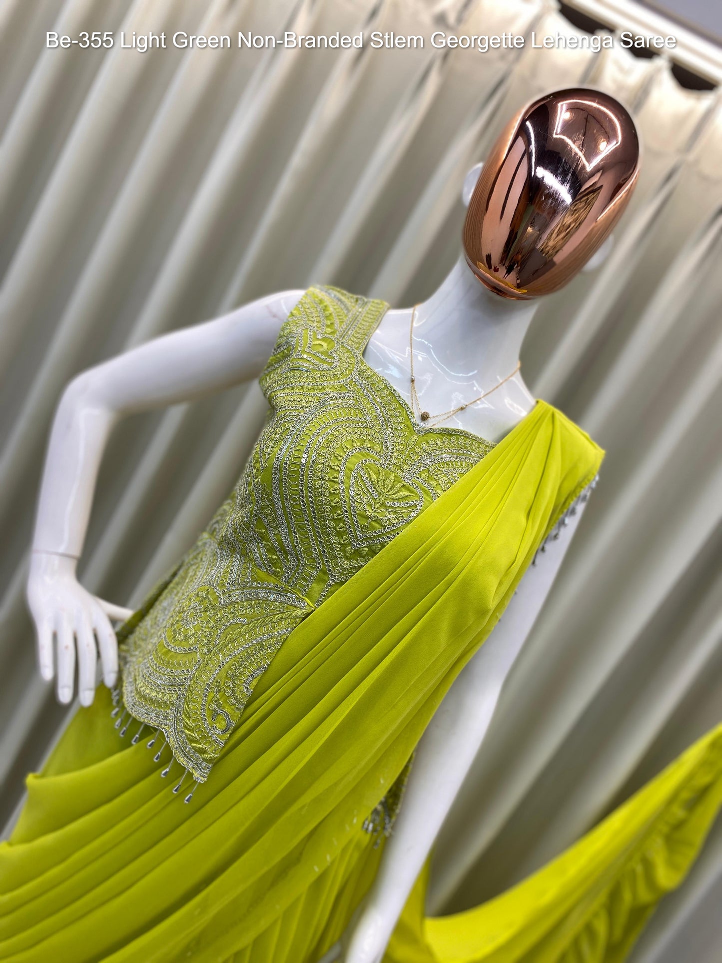 Be-355 Light Green Non-Branded Stlem Georgette Lehenga Saree
