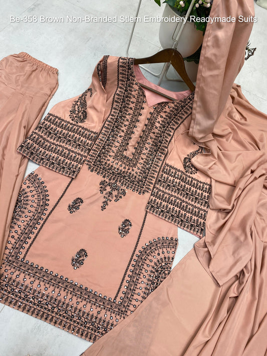 Be-358 Brown Non-Branded Stlem Embroidery Readymade Suits
