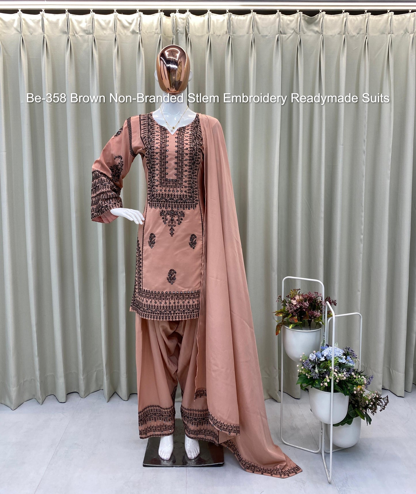Be-358 Brown Non-Branded Stlem Embroidery Readymade Suits