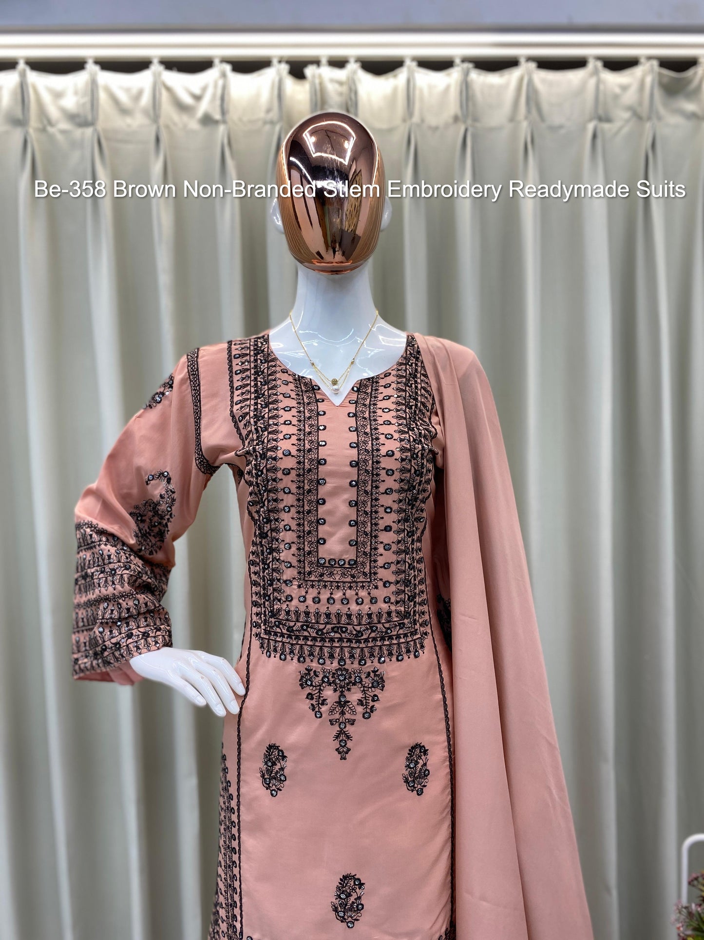 Be-358 Brown Non-Branded Stlem Embroidery Readymade Suits