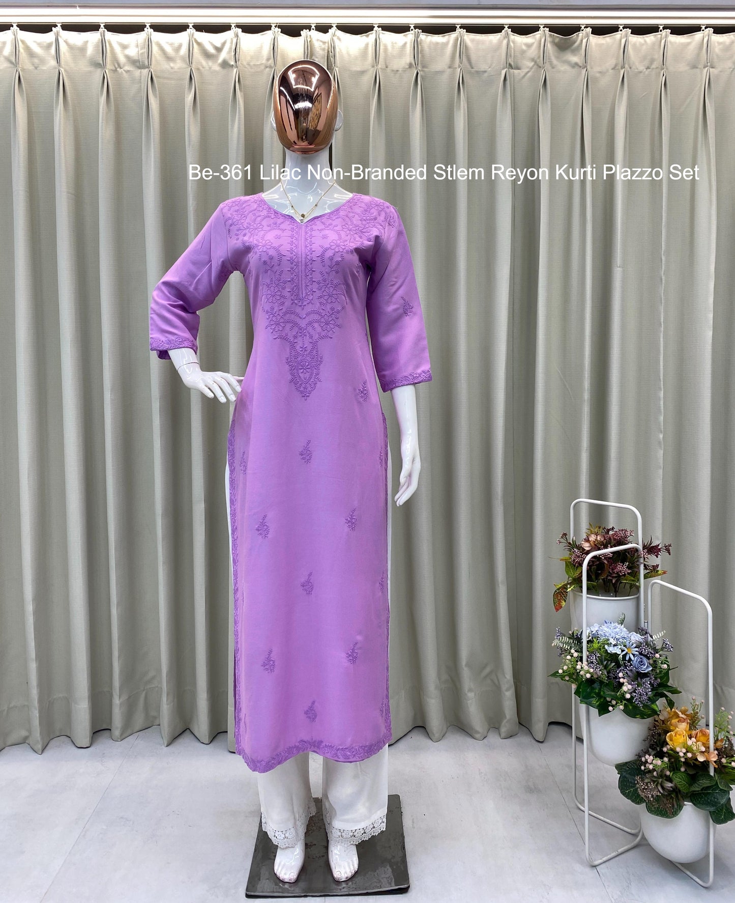 Be-361 Lilac Non-Branded Stlem Reyon Kurti Plazzo Set