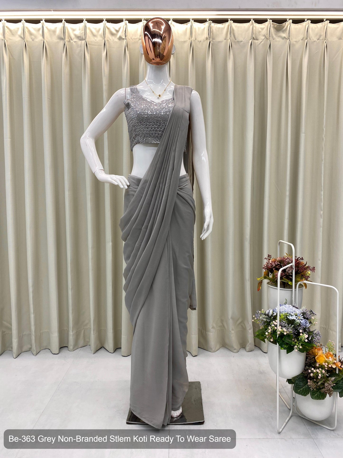 Be-363 Grey Non-Branded Stlem Koti Ready To Wear Saree
