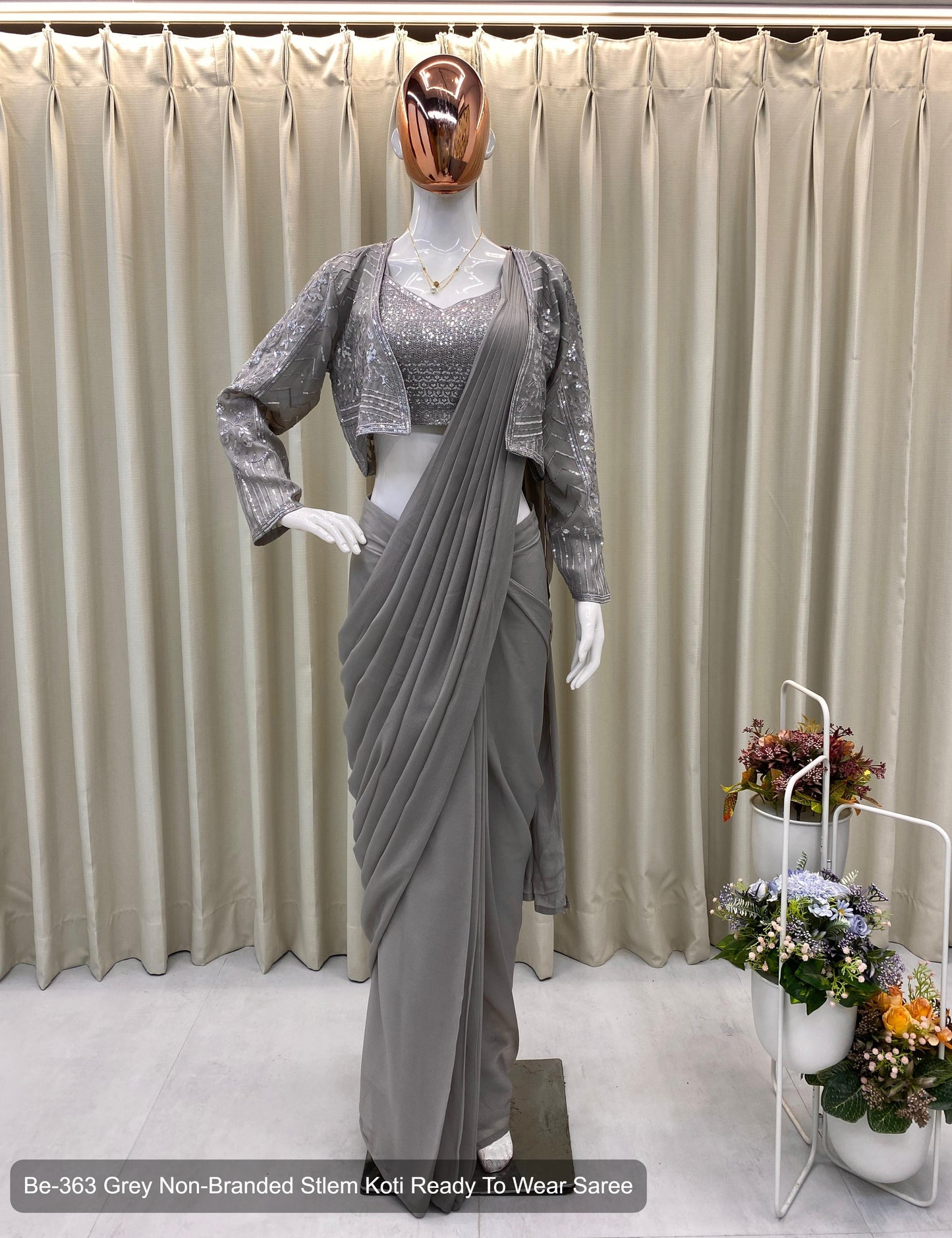 Be-363 Grey Non-Branded Stlem Koti Ready To Wear Saree