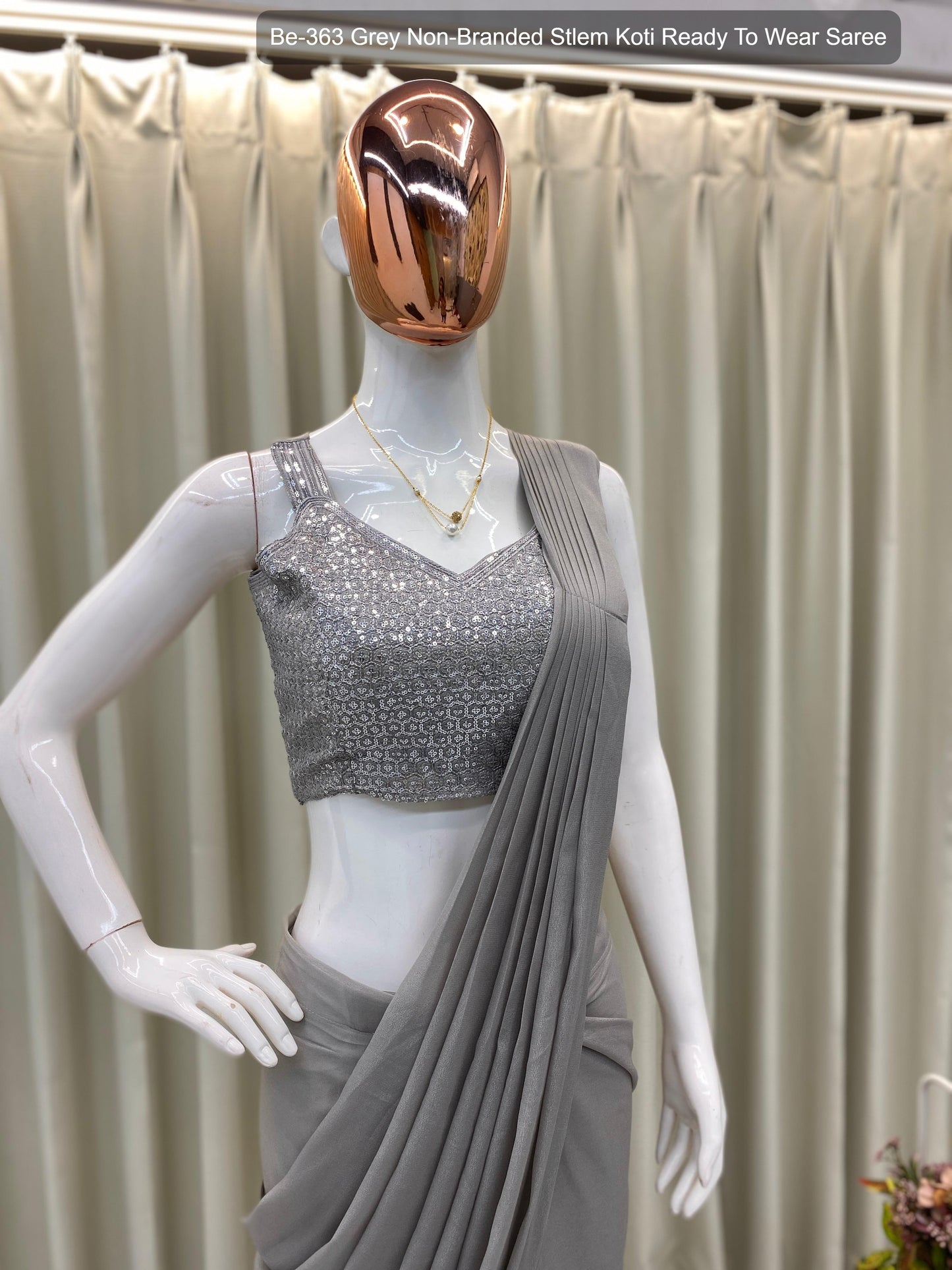 Be-363 Grey Non-Branded Stlem Koti Ready To Wear Saree