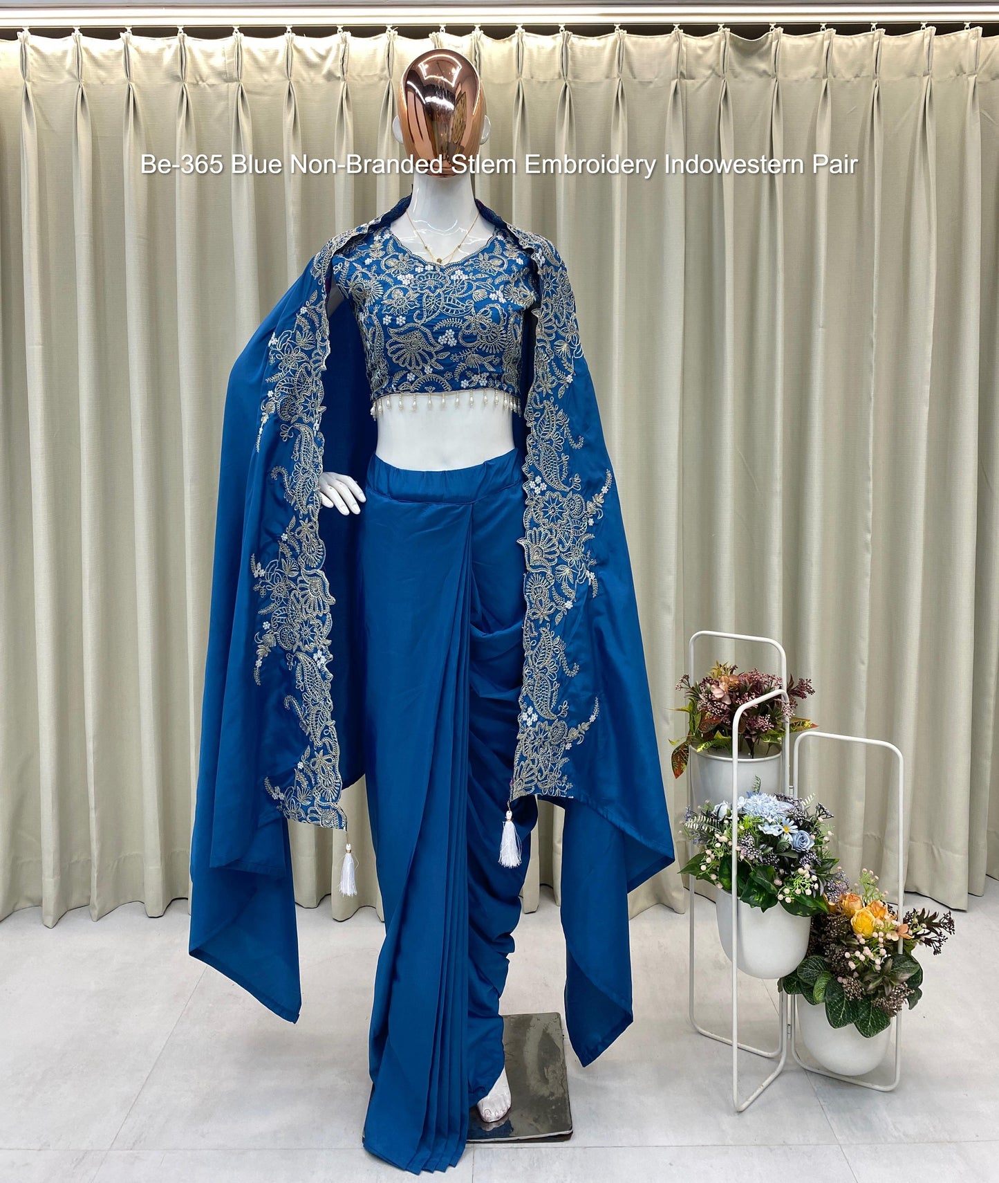 Be-365 Blue Non-Branded Stlem Embroidery Indowestern Pair