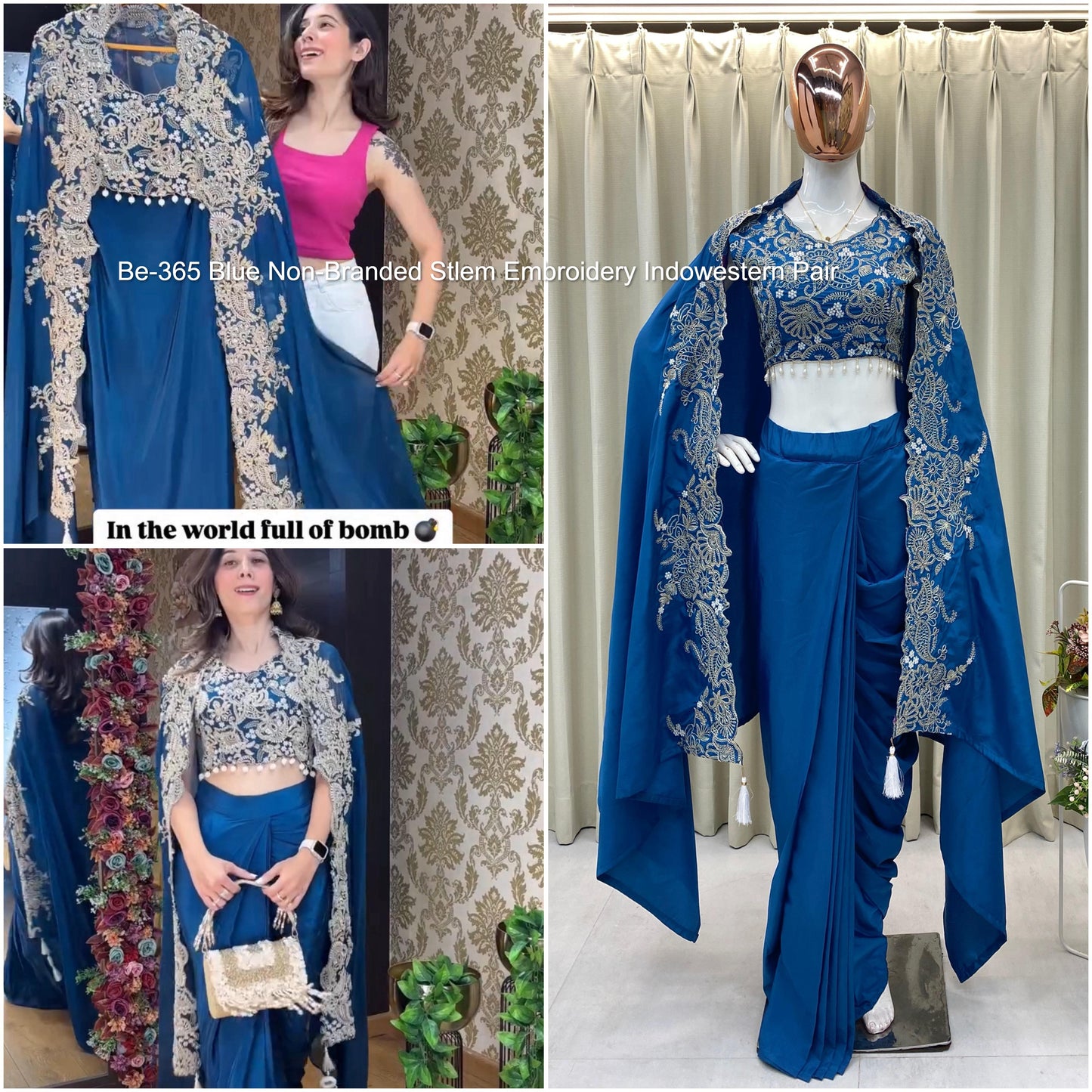 Be-365 Blue Non-Branded Stlem Embroidery Indowestern Pair
