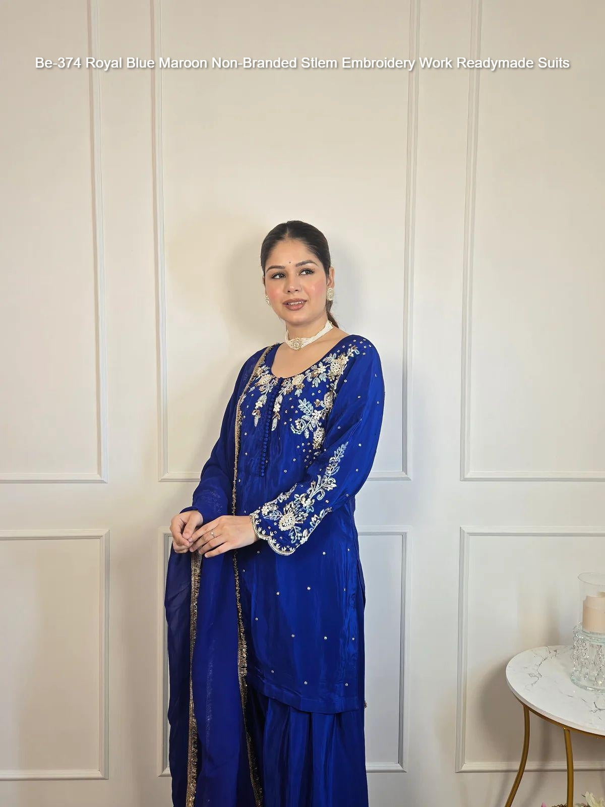 Be-374 Royal Blue Maroon Non-Branded Stlem Embroidery Work Readymade Suits
