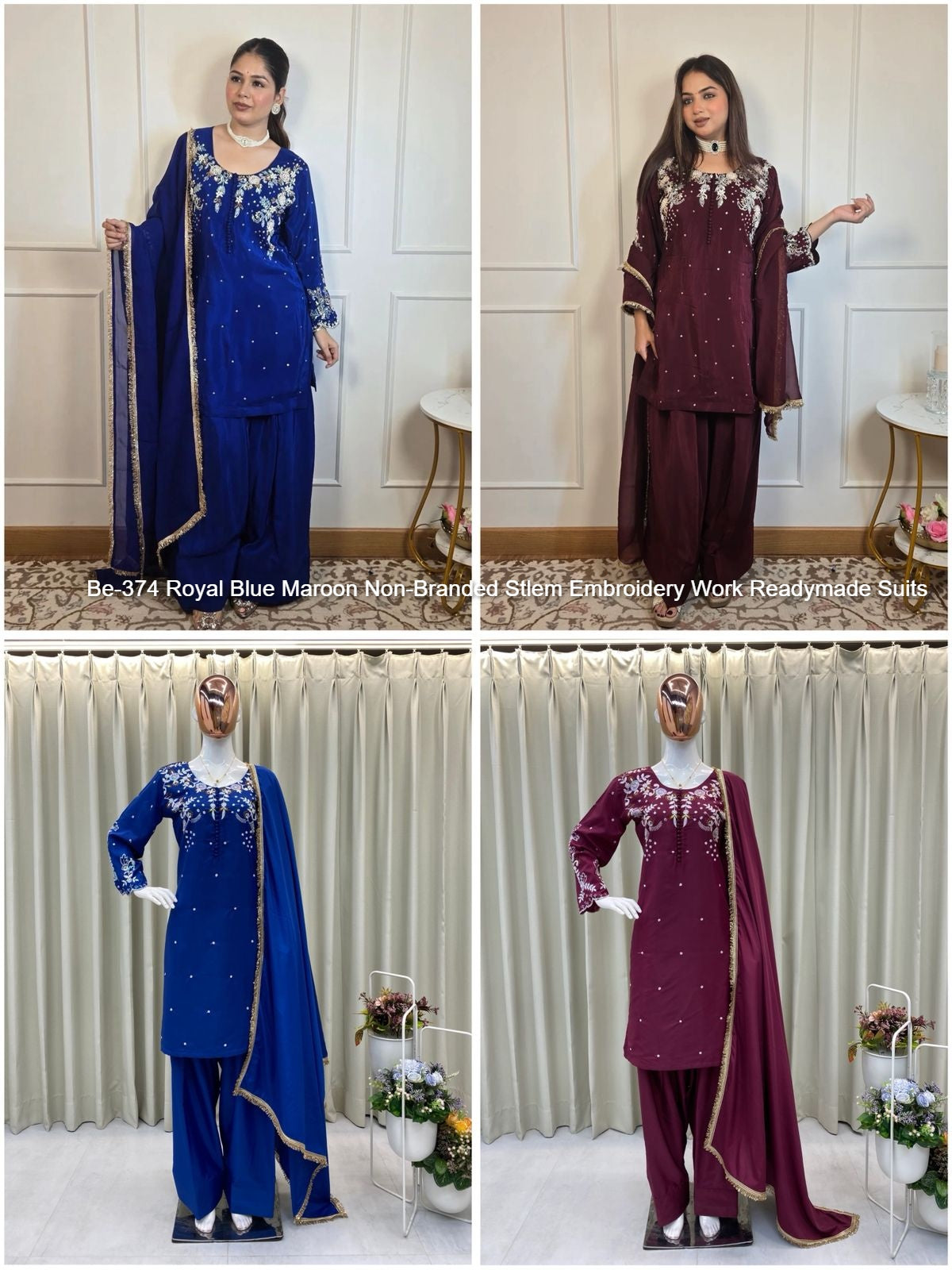 Be-374 Royal Blue Maroon Non-Branded Stlem Embroidery Work Readymade Suits