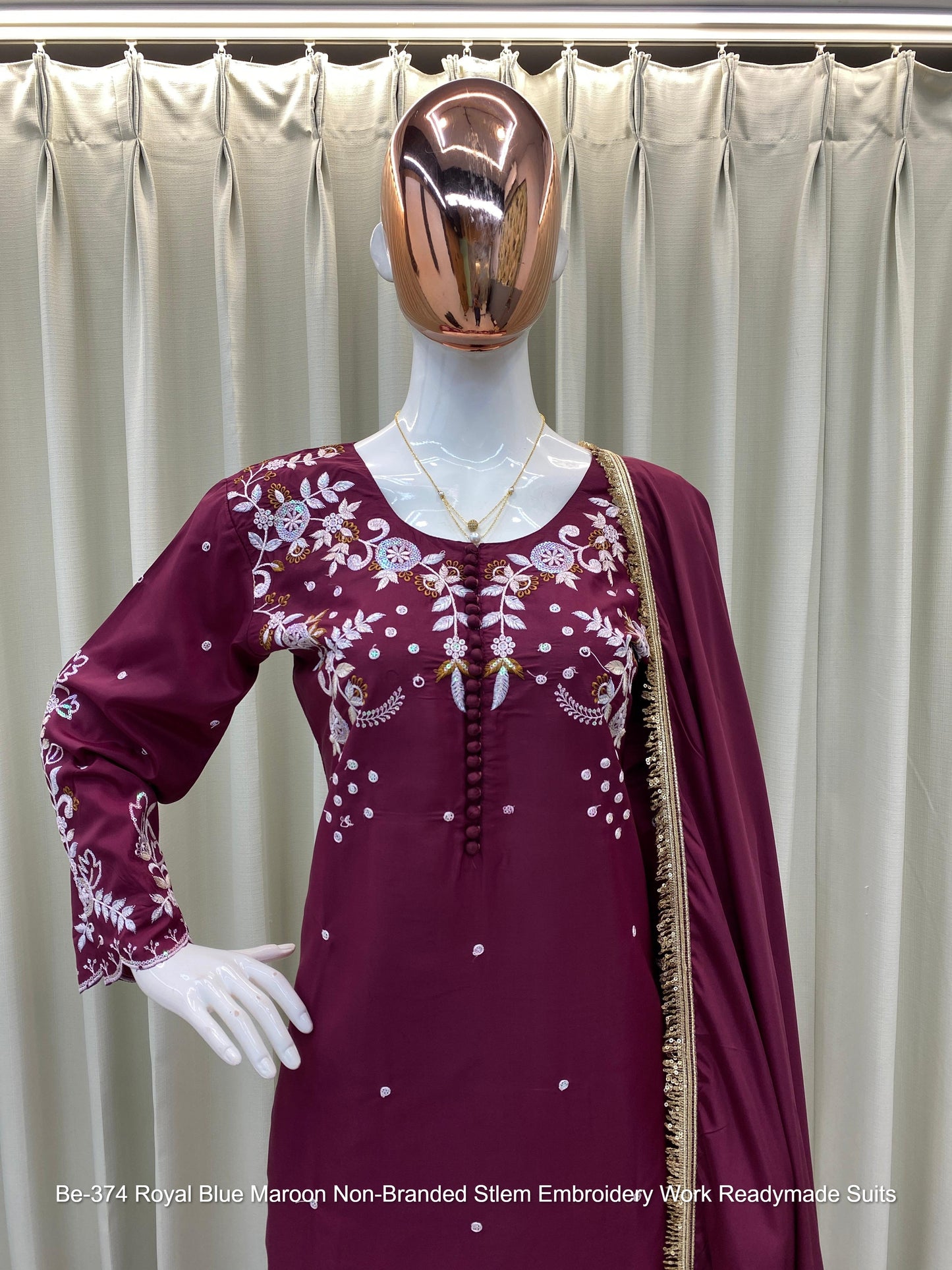 Be-374 Royal Blue Maroon Non-Branded Stlem Embroidery Work Readymade Suits