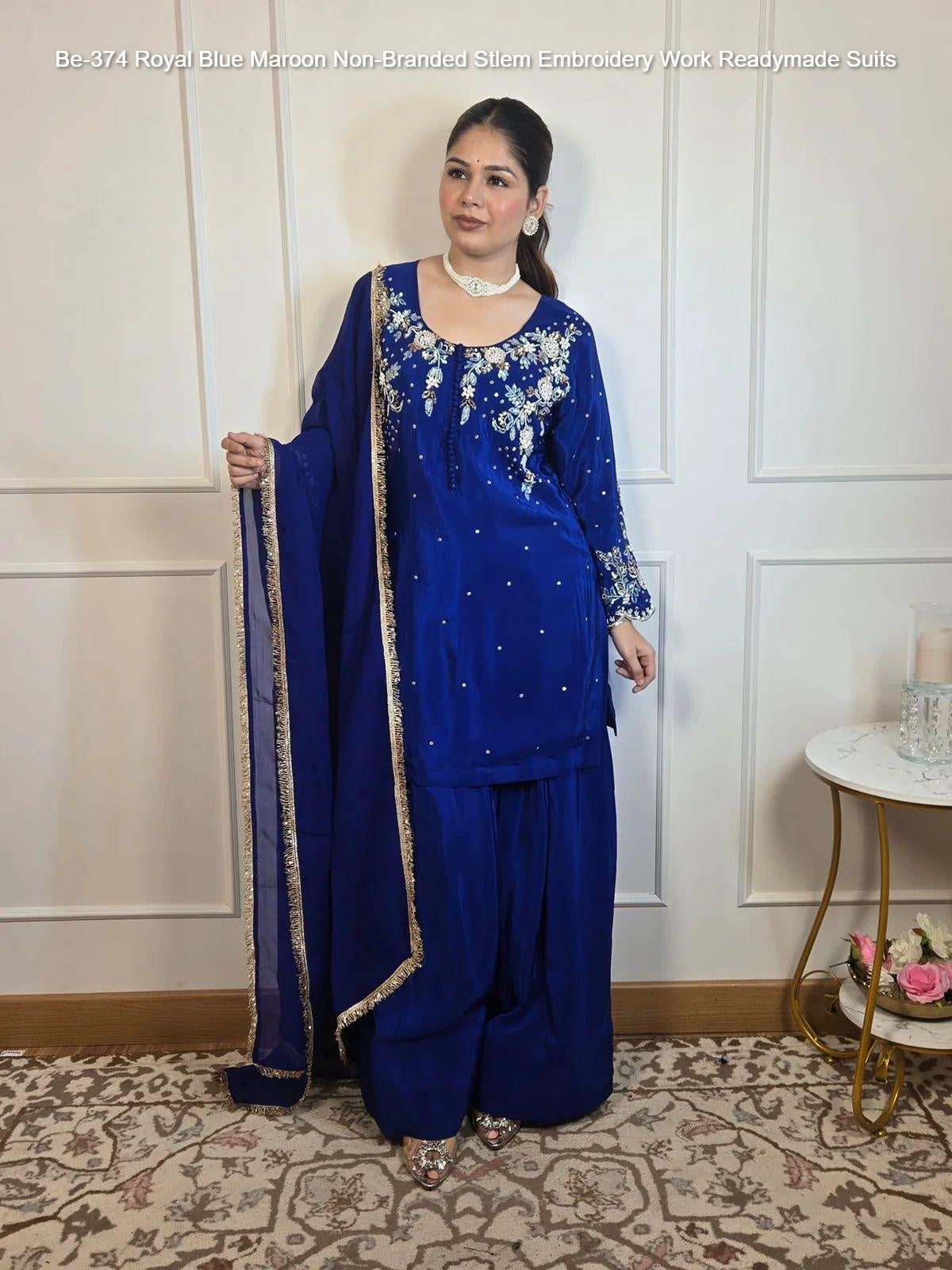 Be-374 Royal Blue Maroon Non-Branded Stlem Embroidery Work Readymade Suits