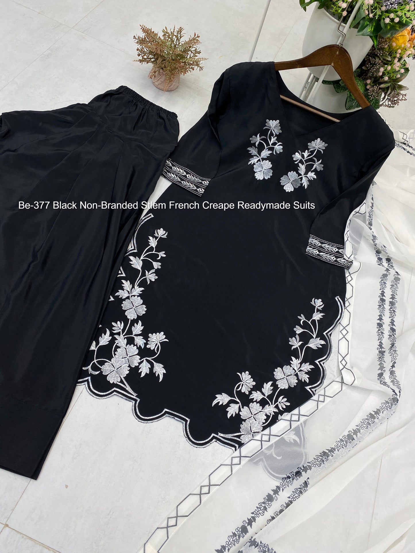 Be-377 Black Non-Branded Stlem French Creape Readymade Suits