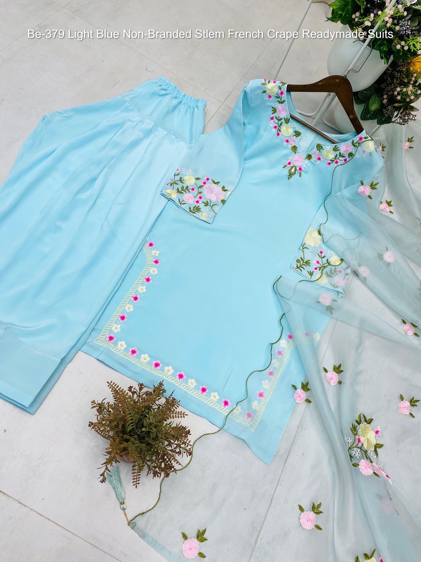 Be-379 Light Blue Non-Branded Stlem French Crape Readymade Suits