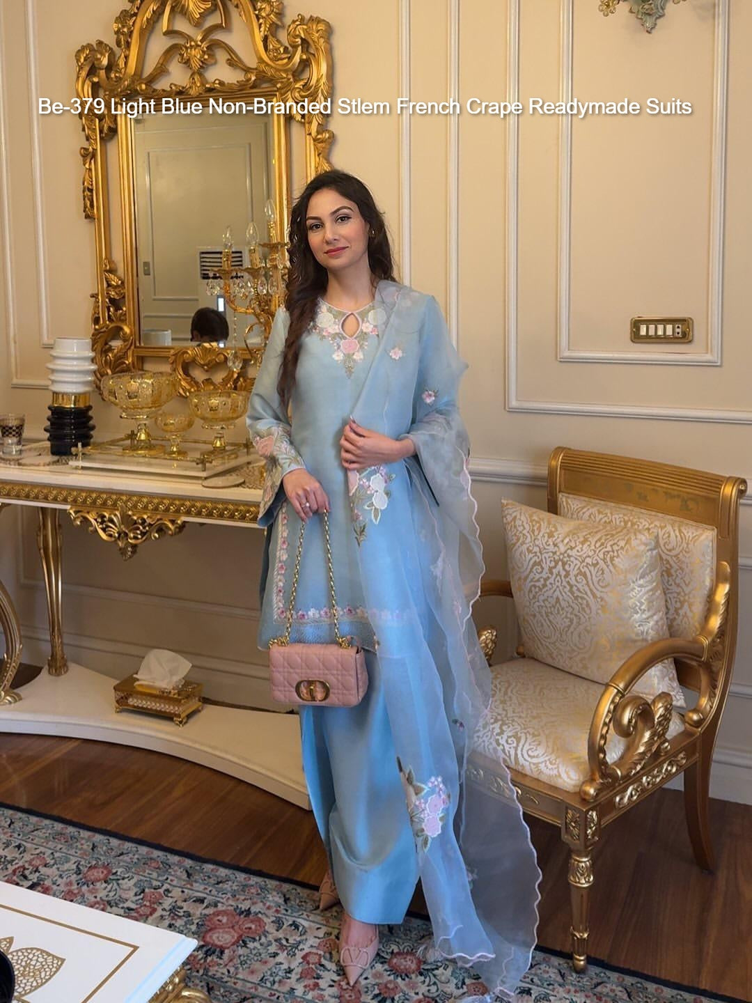 Be-379 Light Blue Non-Branded Stlem French Crape Readymade Suits