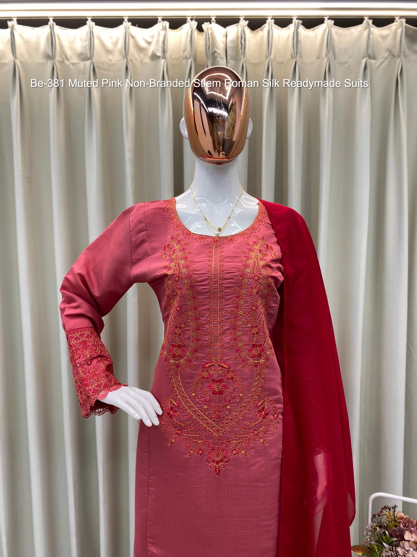 Be-381 Muted Pink Non-Branded Stlem Roman Silk Readymade Suits