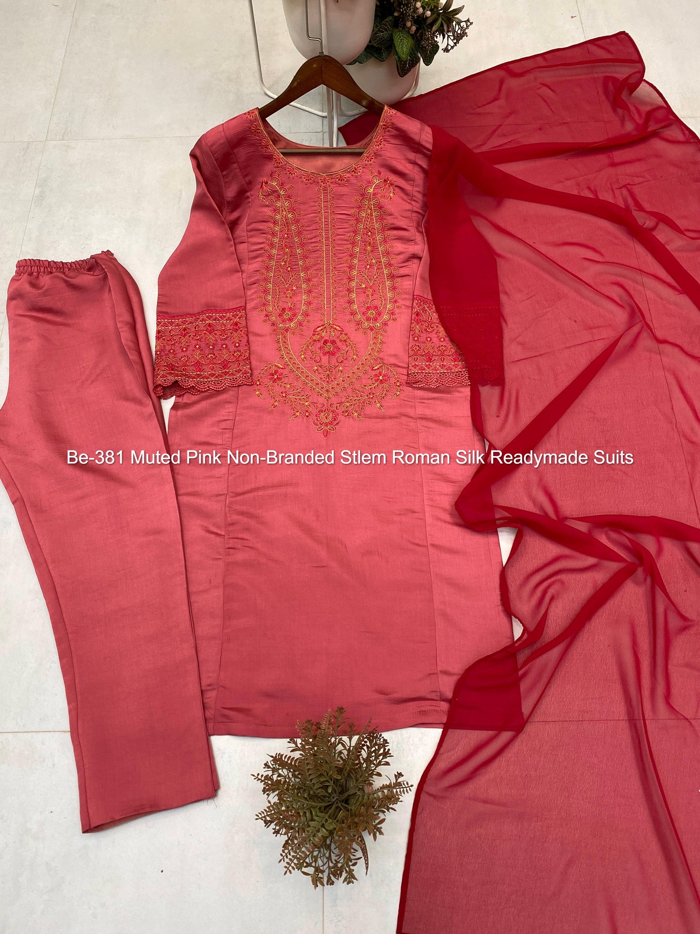 Be-381 Muted Pink Non-Branded Stlem Roman Silk Readymade Suits