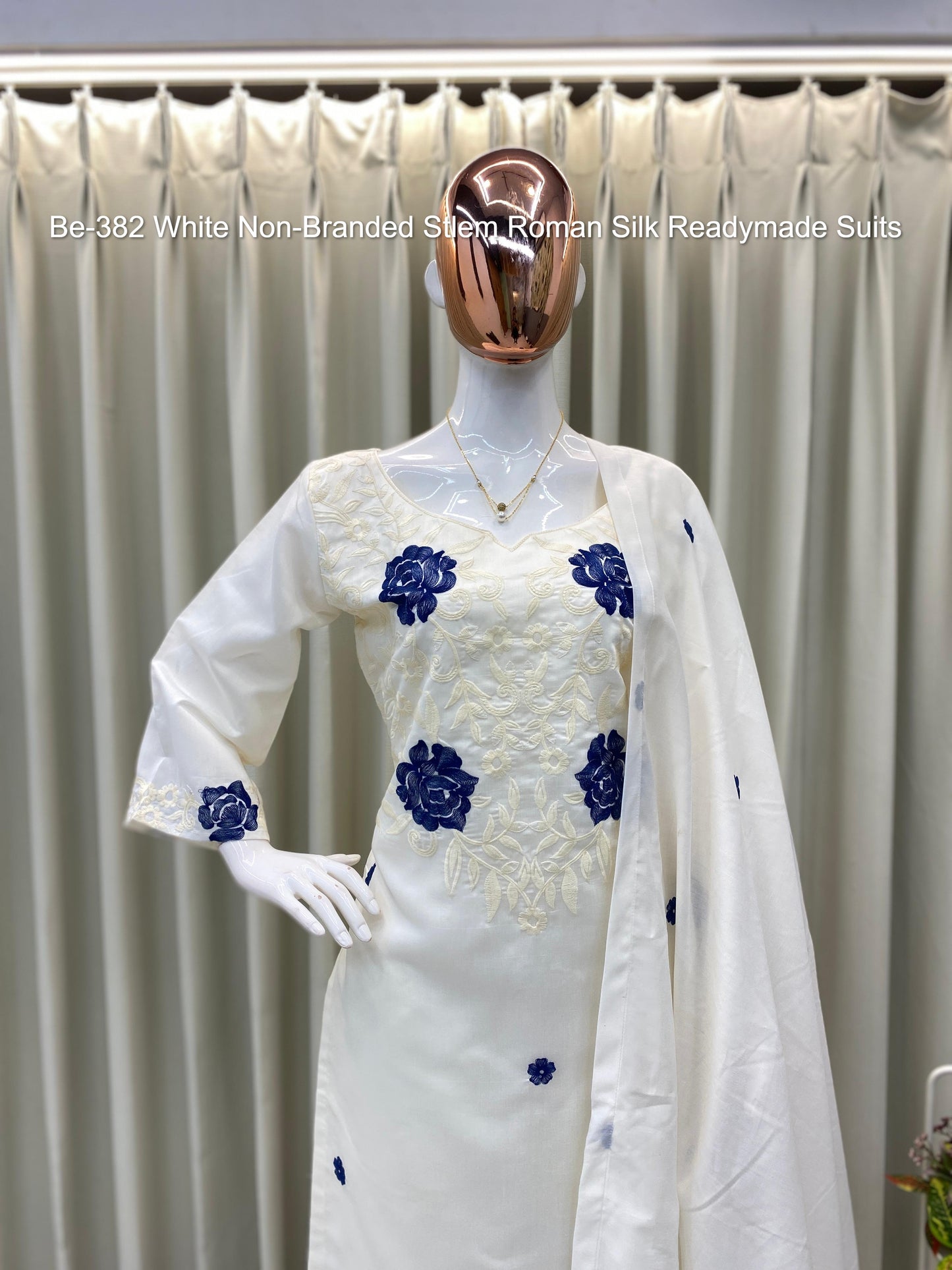 Be-382 White Non-Branded Stlem Roman Silk Readymade Suits
