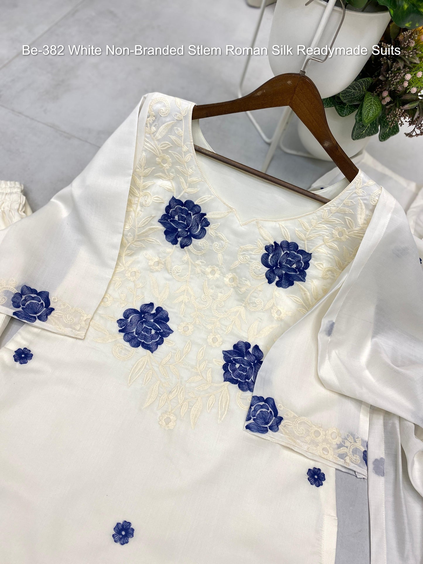 Be-382 White Non-Branded Stlem Roman Silk Readymade Suits