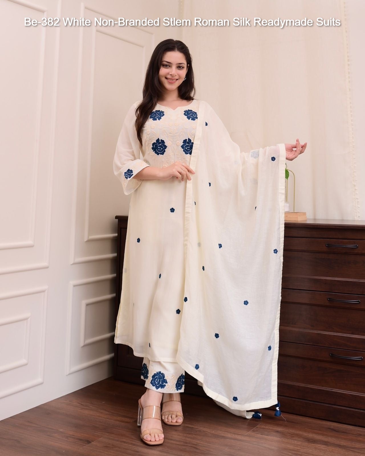 Be-382 White Non-Branded Stlem Roman Silk Readymade Suits