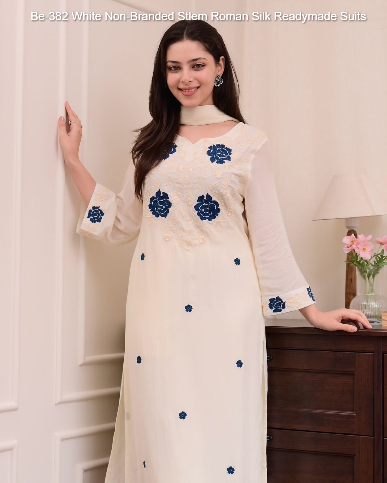 Be-382 White Non-Branded Stlem Roman Silk Readymade Suits