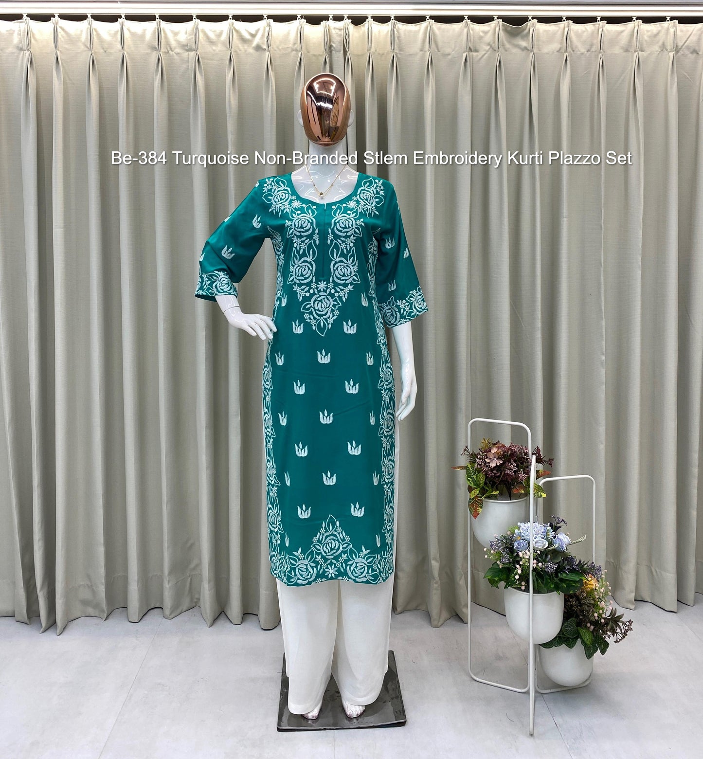 Be-384 Turquoise Non-Branded Stlem Embroidery Kurti Plazzo Set