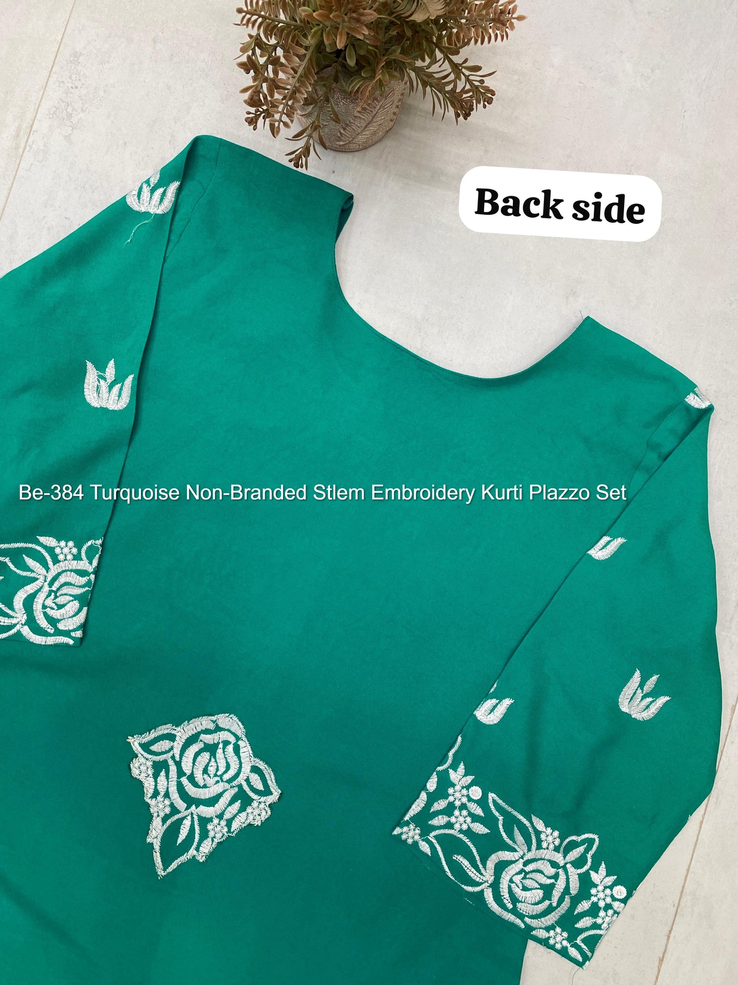 Be-384 Turquoise Non-Branded Stlem Embroidery Kurti Plazzo Set