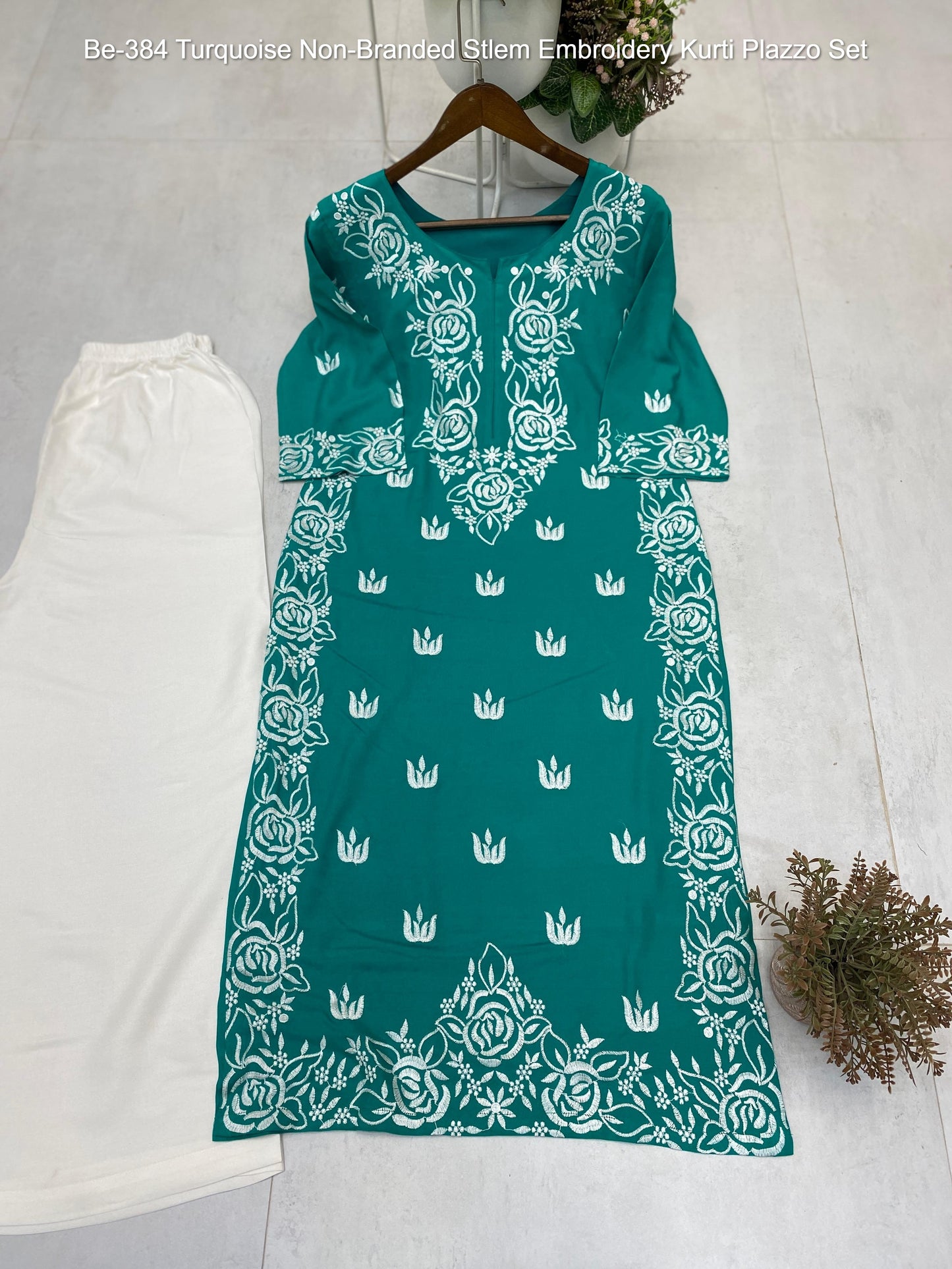 Be-384 Turquoise Non-Branded Stlem Embroidery Kurti Plazzo Set