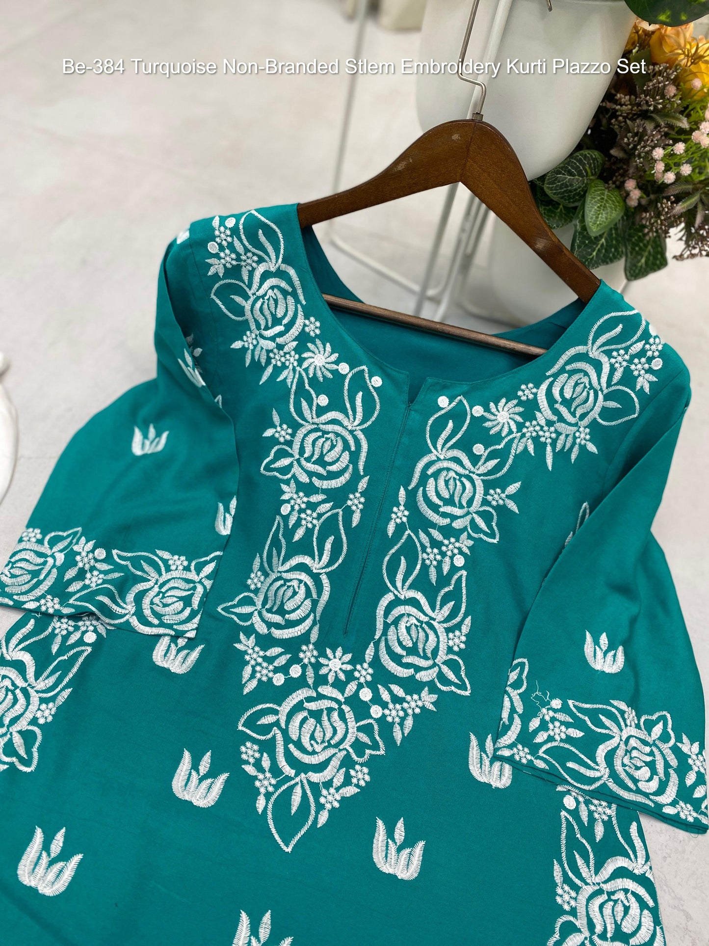 Be-384 Turquoise Non-Branded Stlem Embroidery Kurti Plazzo Set