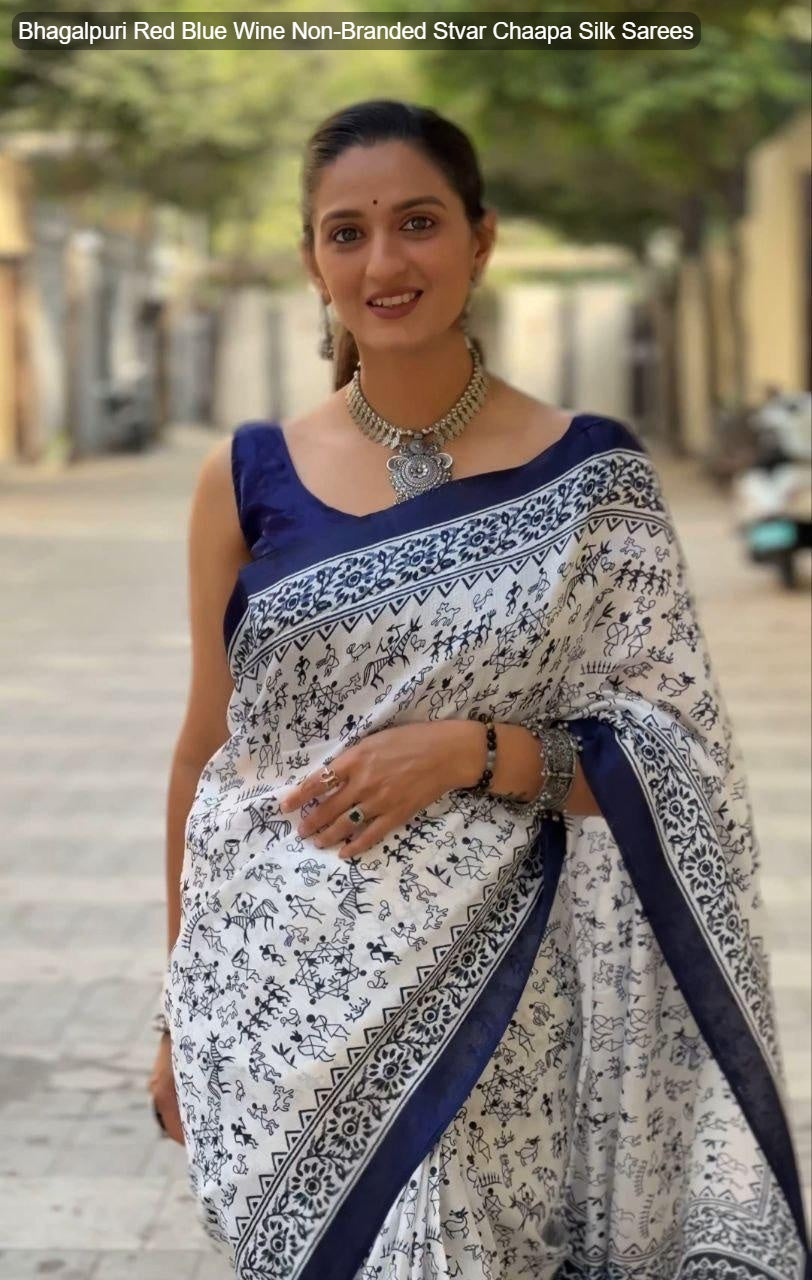 Bhagalpuri Red Blue Wine Non-Branded Stvar Chaapa Silk Sarees