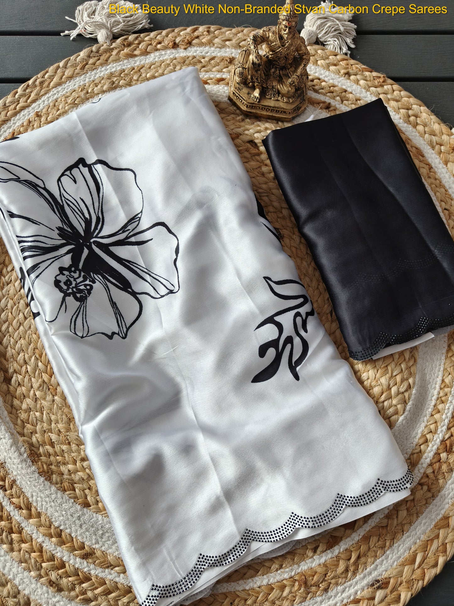 Black Beauty White Non-Branded Stvan Carbon Crepe Sarees