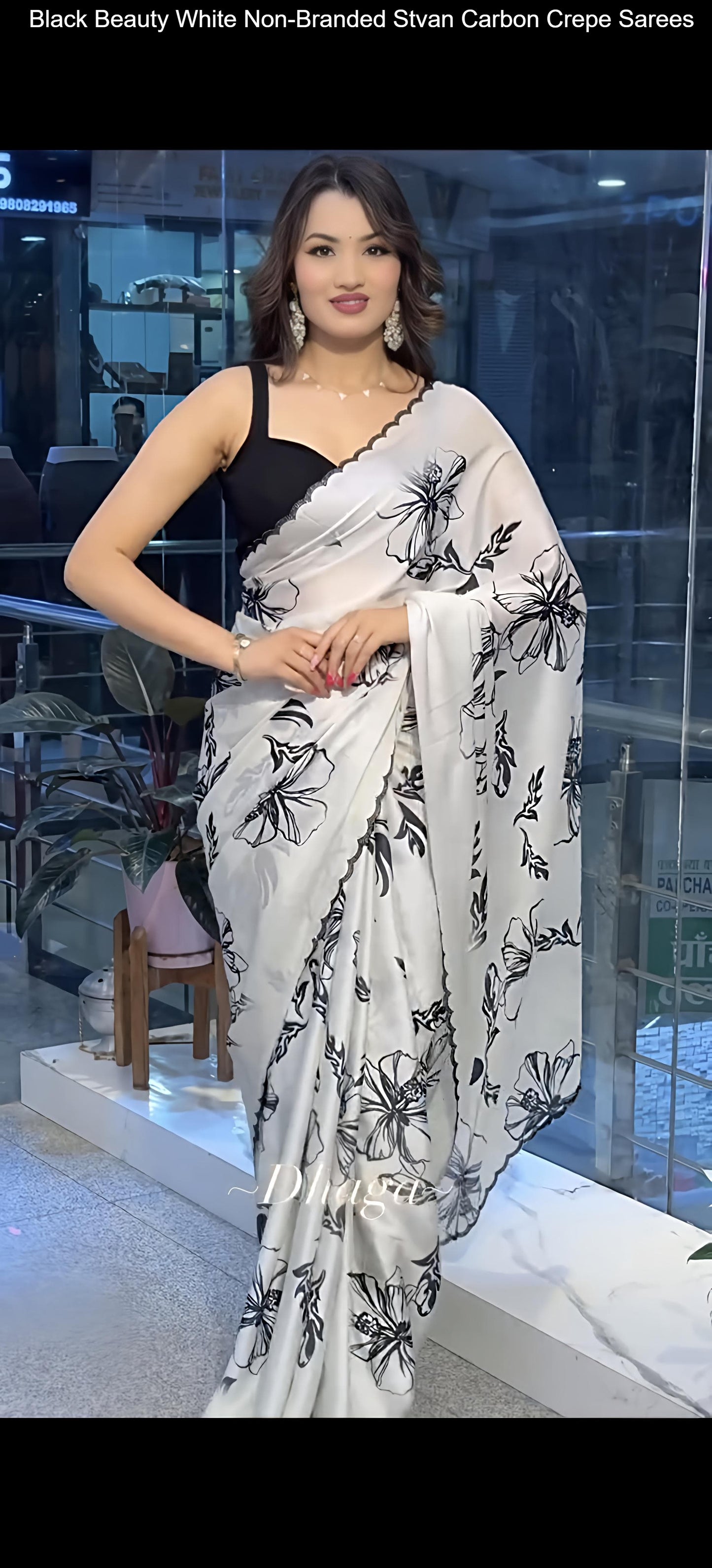Black Beauty White Non-Branded Stvan Carbon Crepe Sarees