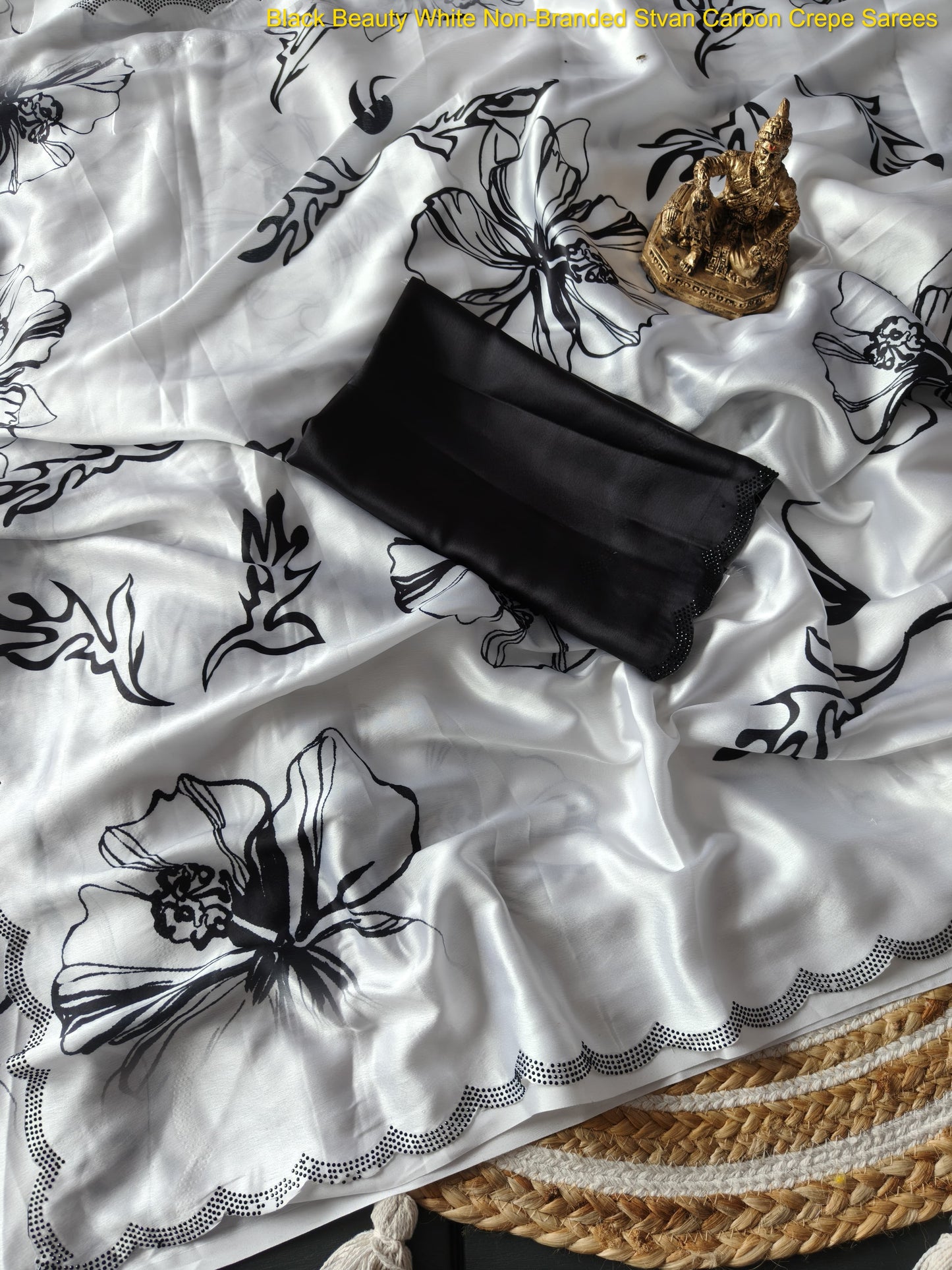 Black Beauty White Non-Branded Stvan Carbon Crepe Sarees