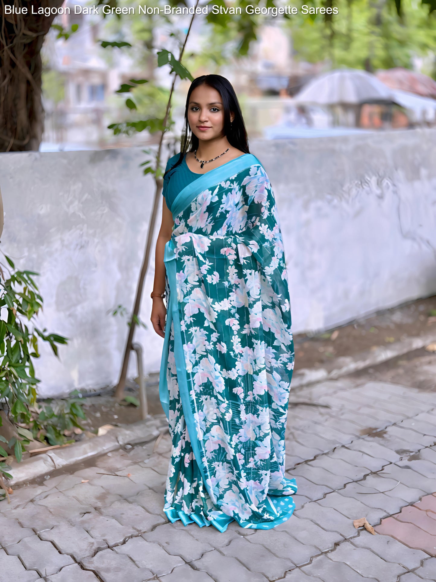 Blue Lagoon Dark Green Non-Branded Stvan Georgette Sarees