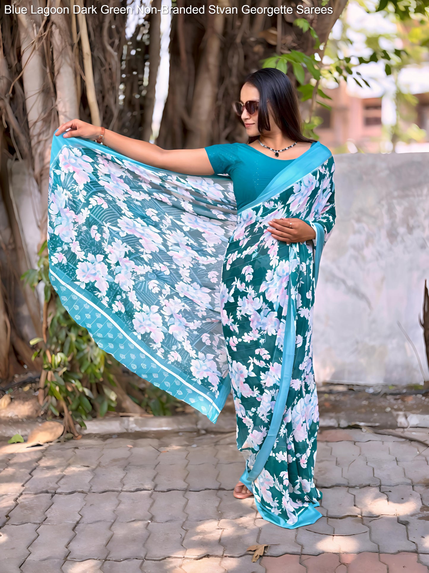 Blue Lagoon Dark Green Non-Branded Stvan Georgette Sarees