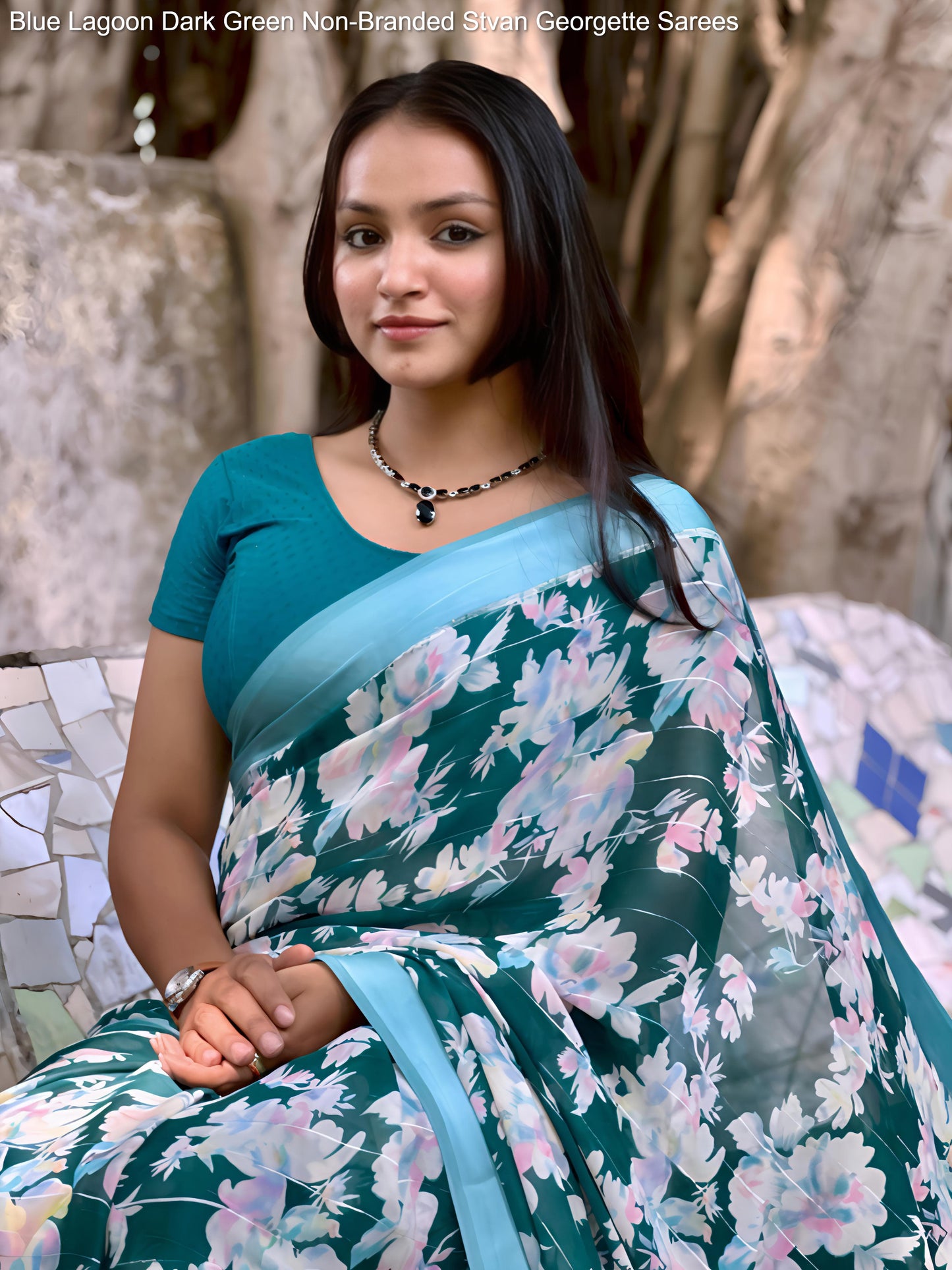 Blue Lagoon Dark Green Non-Branded Stvan Georgette Sarees
